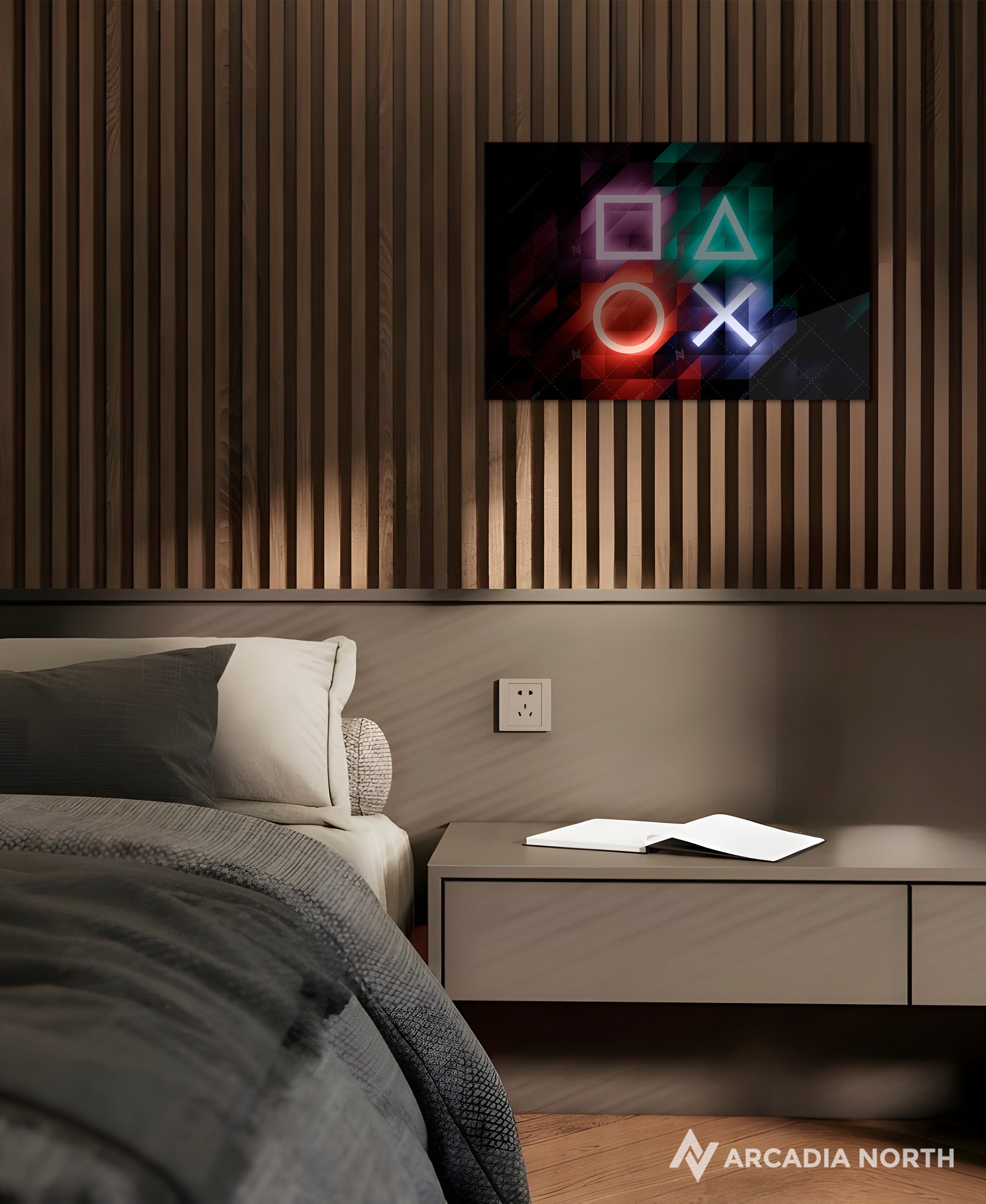 Sony PlayStation neon controller symbols/icons acrylic poster by Arcadia North – premium gaming wall art printed on glossy acrylic.