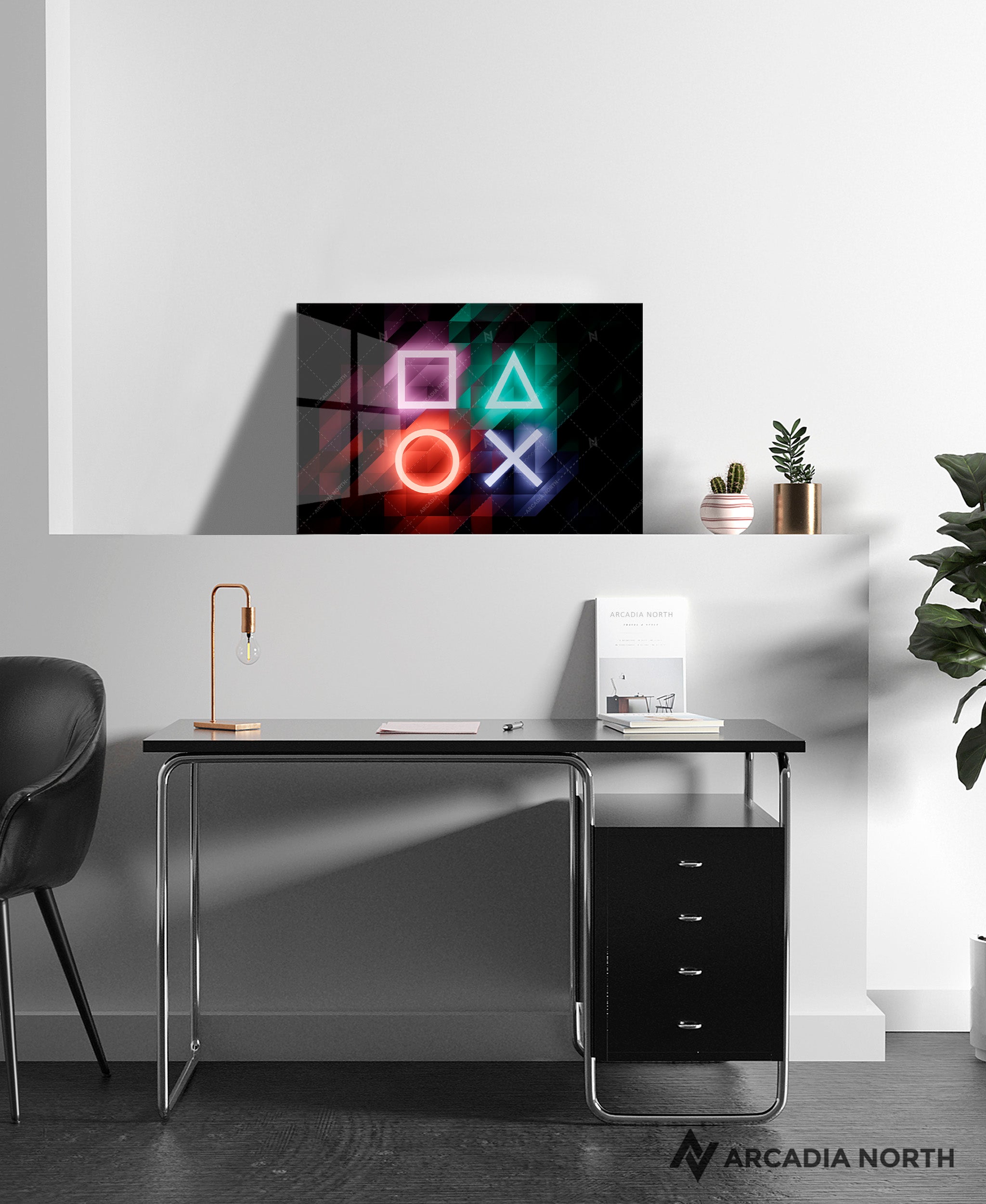 Sony PlayStation neon controller symbols/icons acrylic poster by Arcadia North – premium gaming wall art printed on glossy acrylic.