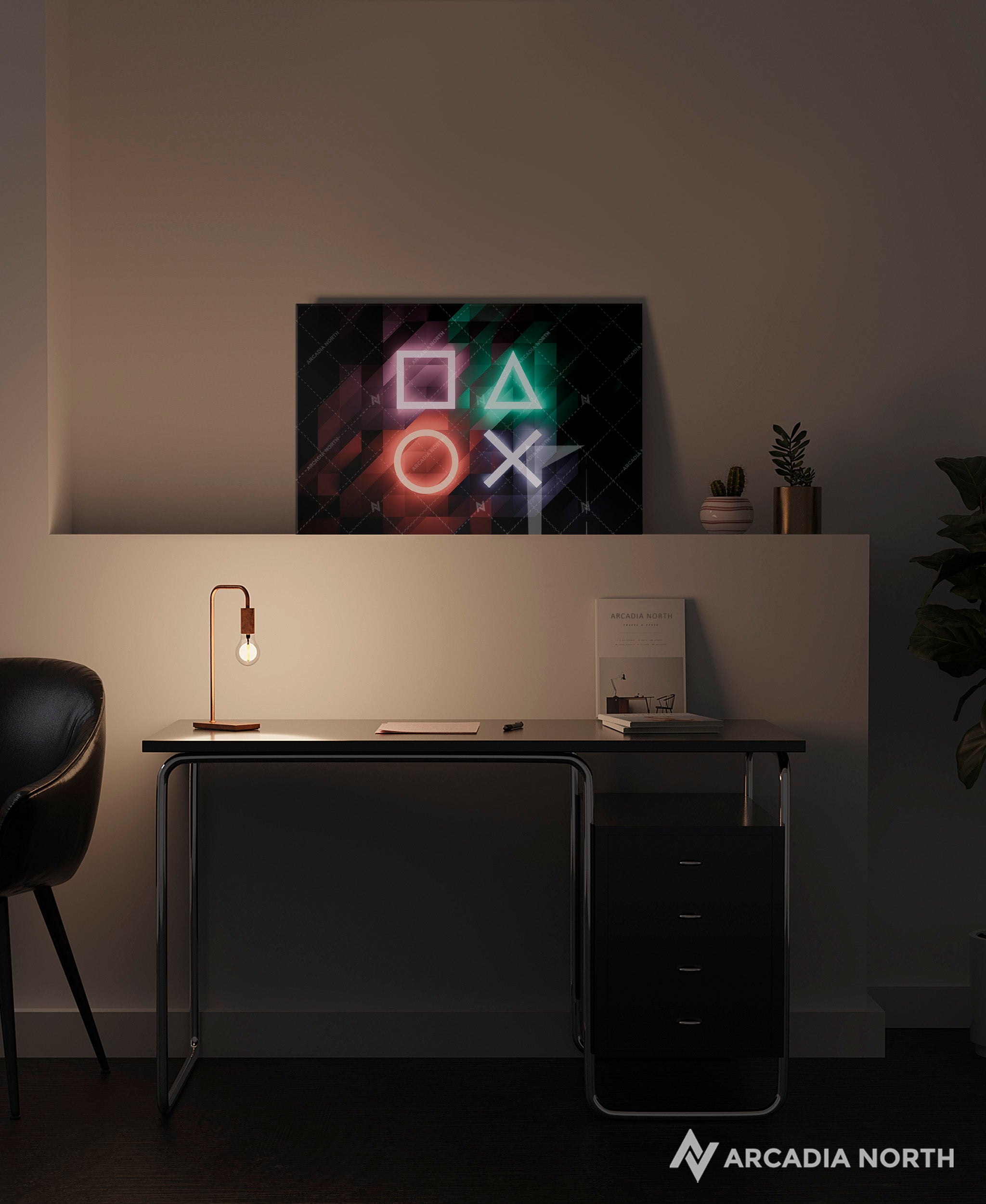 Sony PlayStation neon controller symbols/icons acrylic poster by Arcadia North – premium gaming wall art printed on glossy acrylic.