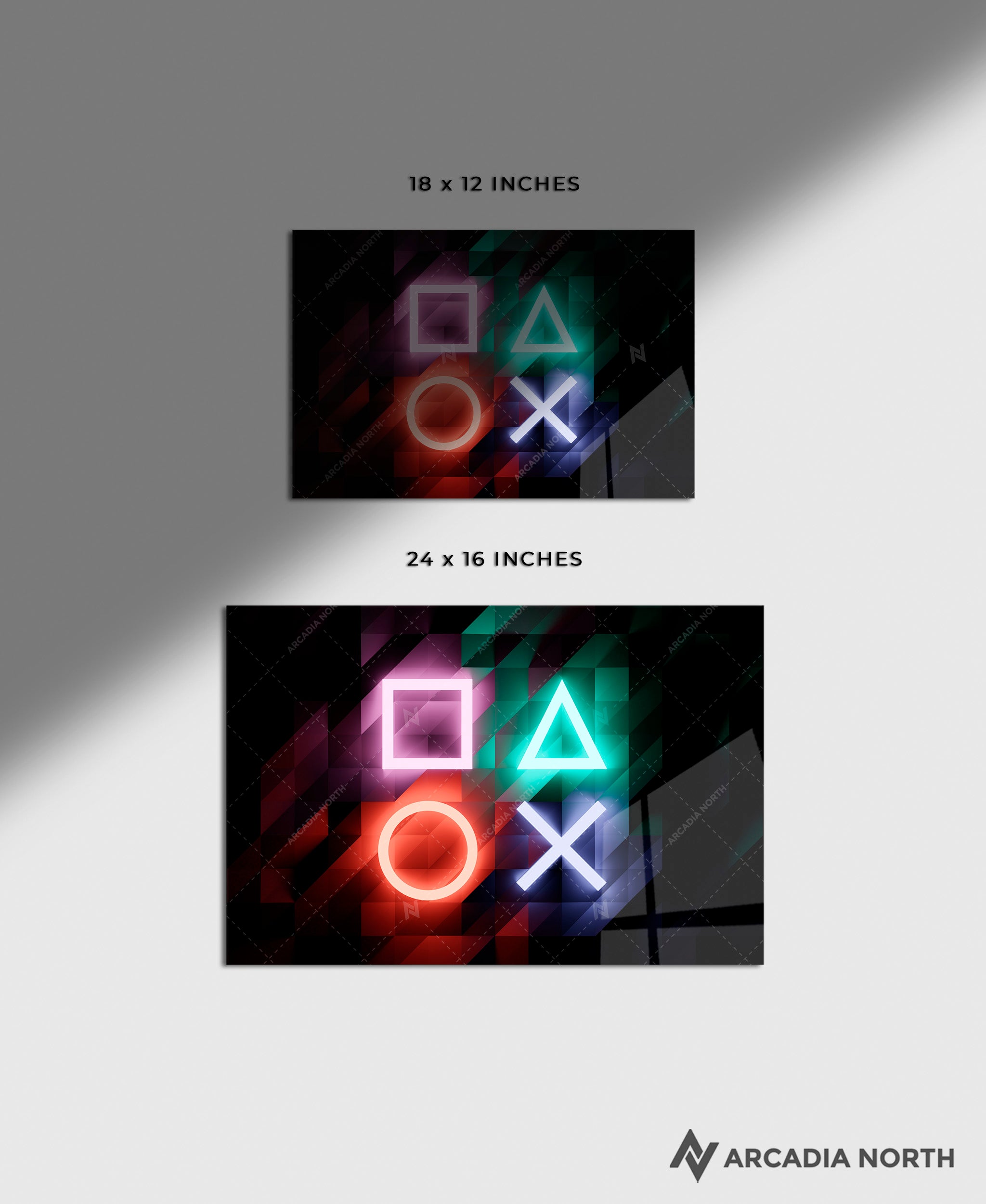 Sony PlayStation neon controller symbols/icons acrylic poster by Arcadia North – premium gaming wall art printed on glossy acrylic.