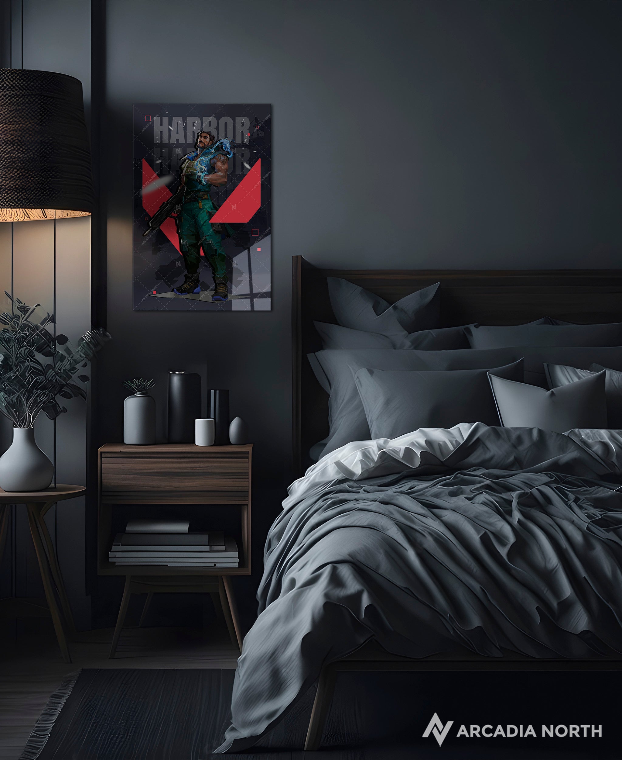 Valorant gaming acrylic poster by Arcadia North. Harbor agent wallpaper on dark/black background. Acrylic wall art printed on acrylic.