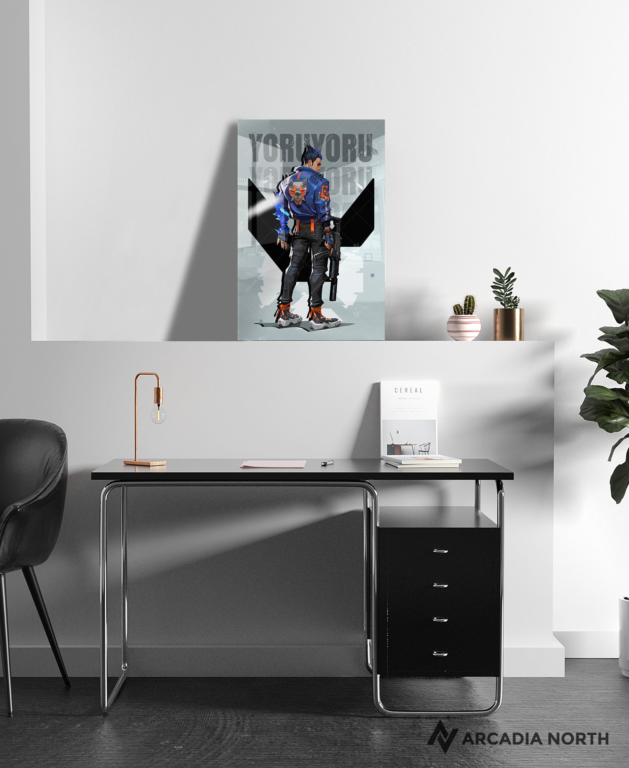 Valorant gaming acrylic poster by Arcadia North. Yoru agent wallpaper on light/white background. Acrylic wall art printed on acrylic.