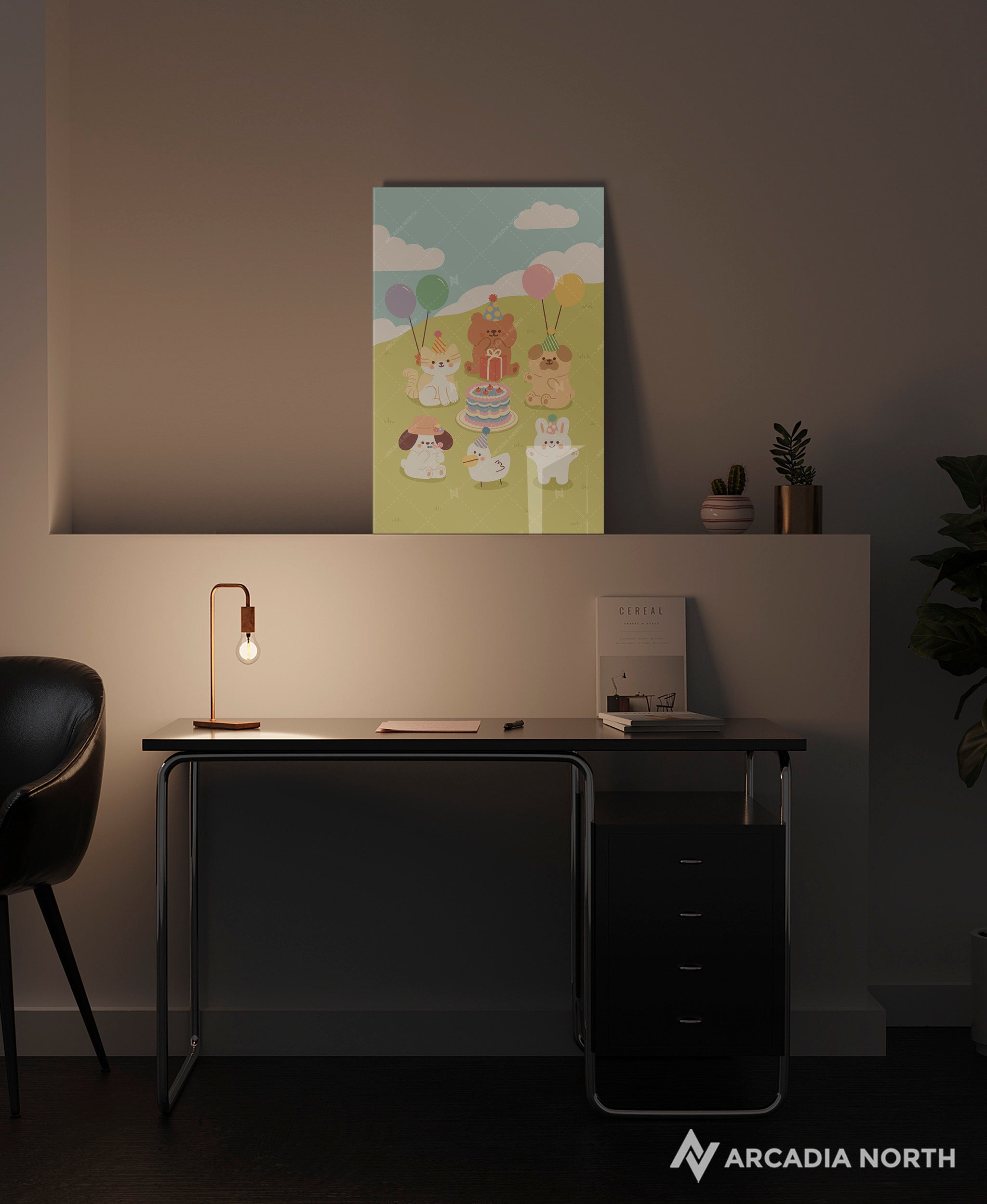 Arcadia North acrylic poster of a cute animal birthday party. Birthday Party by Wintermelon Shop. Acrylic wall art printed on acrylic.