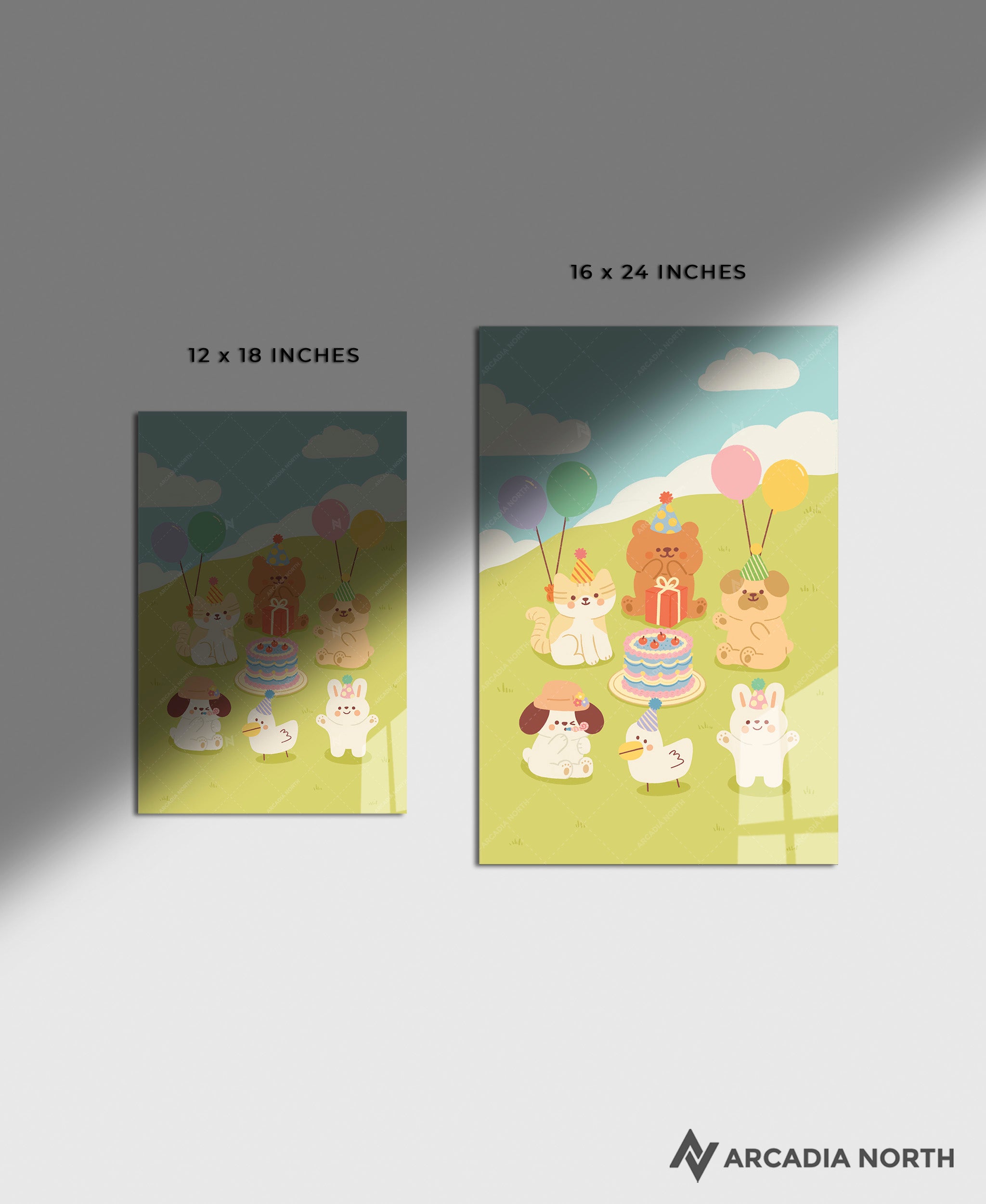 Arcadia North acrylic poster of a cute animal birthday party. Birthday Party by Wintermelon Shop. Acrylic wall art printed on acrylic.