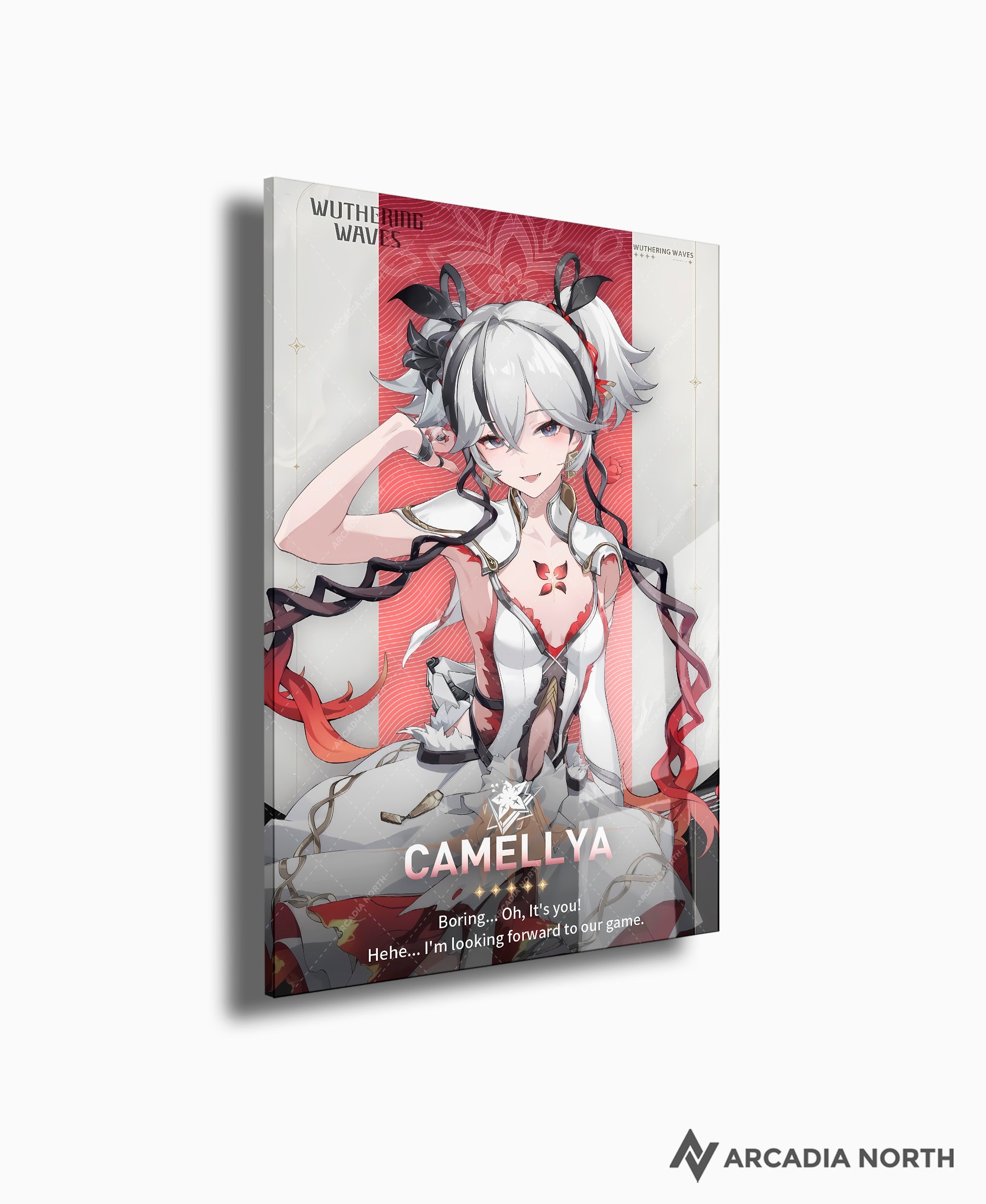 Wuthering Waves WuWa gaming acrylic poster by Arcadia North. Camellya Character Card. Acrylic wall art printed on acrylic.