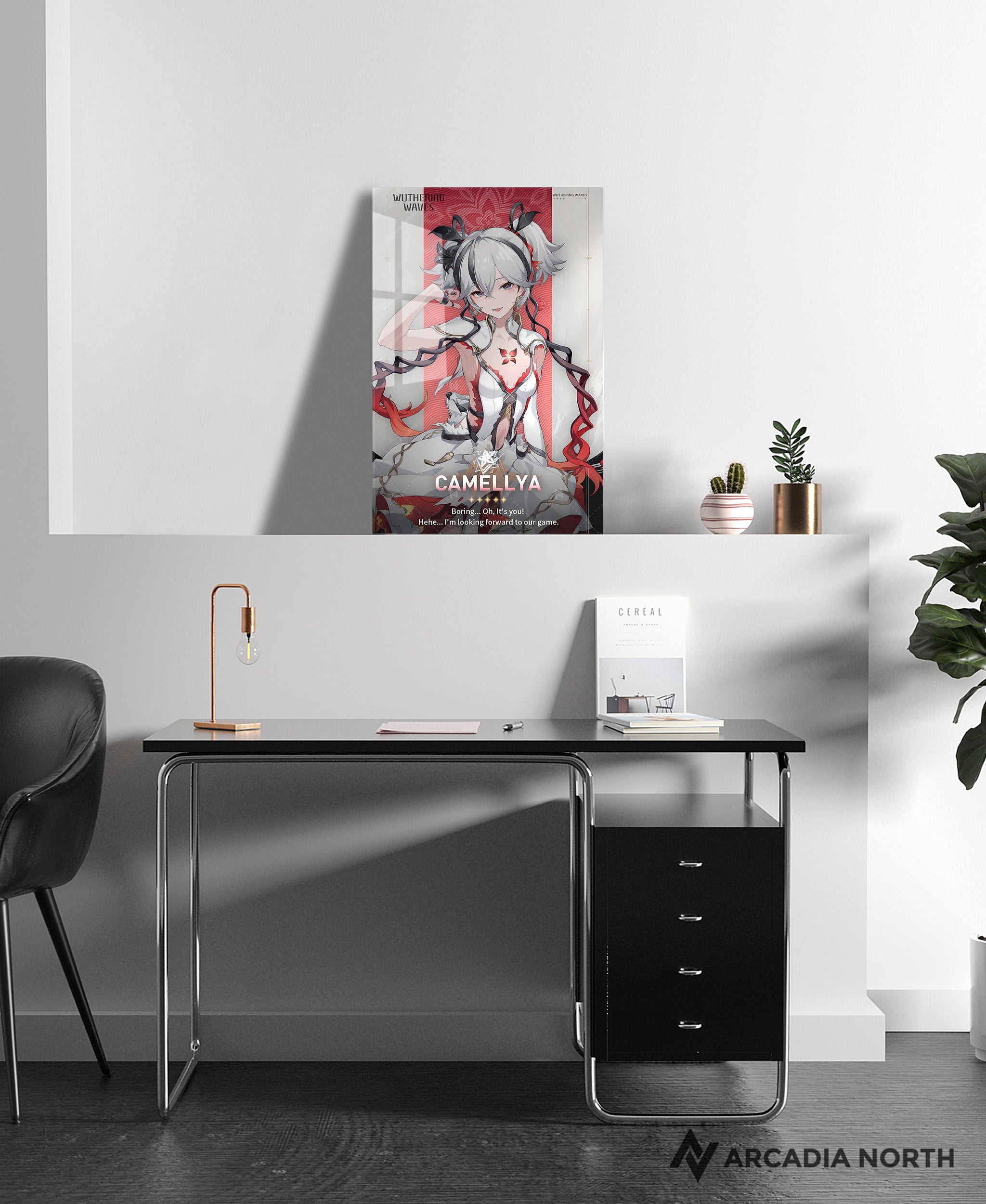 Wuthering Waves WuWa gaming acrylic poster by Arcadia North. Camellya Character Card. Acrylic wall art printed on acrylic.