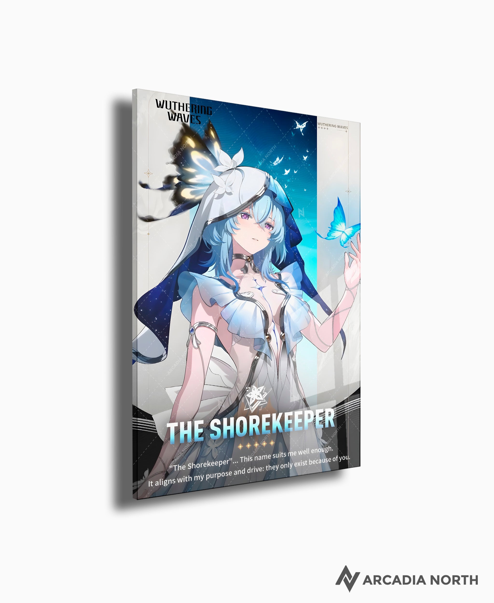 Wuthering Waves WuWa gaming acrylic poster by Arcadia North. The Shorekeeper Character Card. Acrylic wall art printed on acrylic.