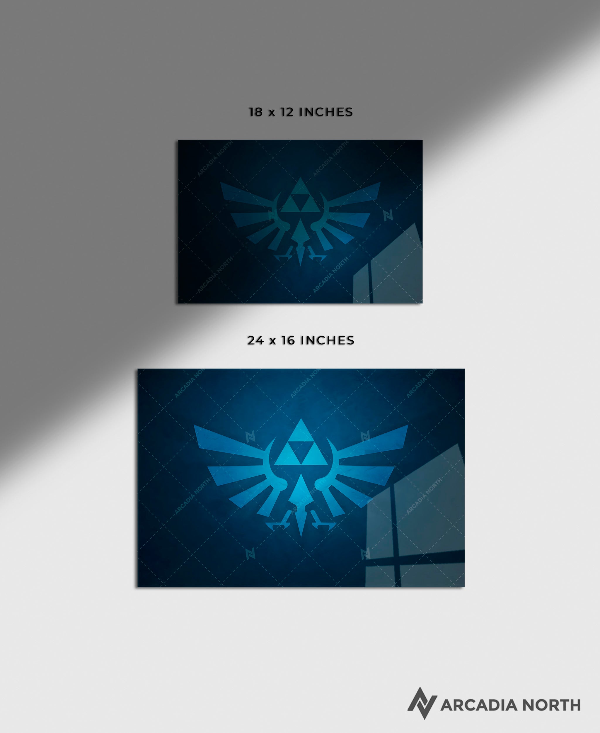 Nintendo The Legend of Zelda gaming acrylic poster by Arcadia North. Triforce Royal Crest Wingcrest on a blue background. Backlight acrylic wall art.