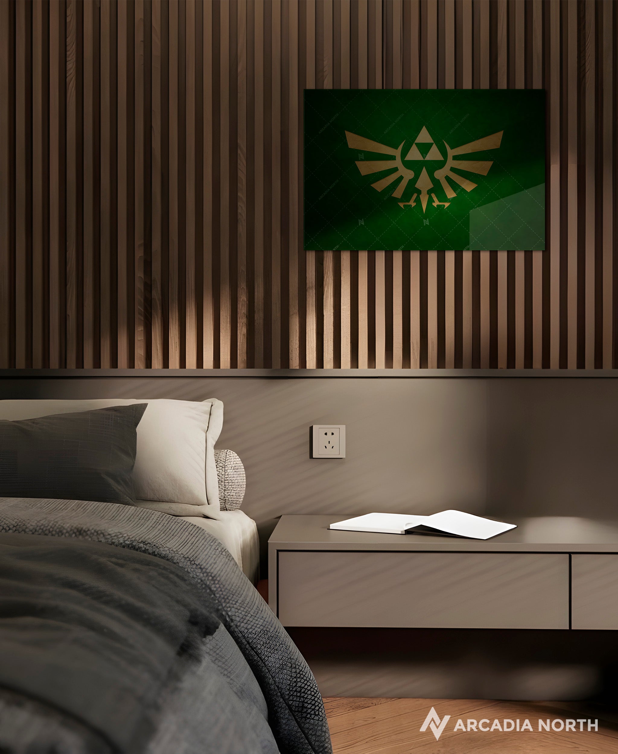 Nintendo The Legend of Zelda gaming acrylic poster by Arcadia North. Triforce Royal Crest Wingcrest on a green background. Backlight acrylic wall art.
