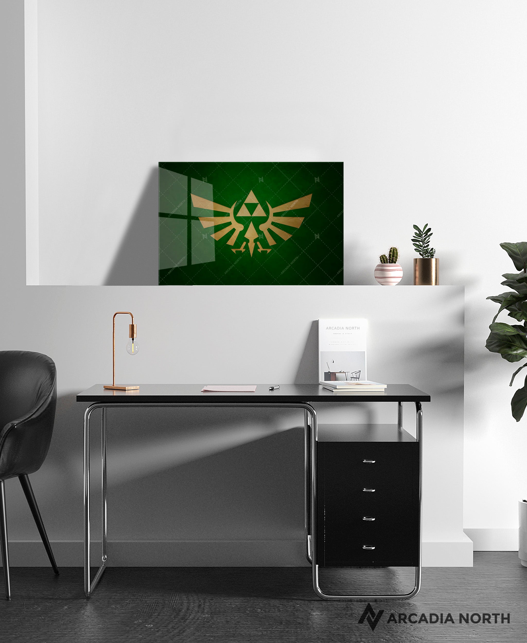 Nintendo The Legend of Zelda gaming acrylic poster by Arcadia North. Triforce Royal Crest Wingcrest on a green background. Backlight acrylic wall art.