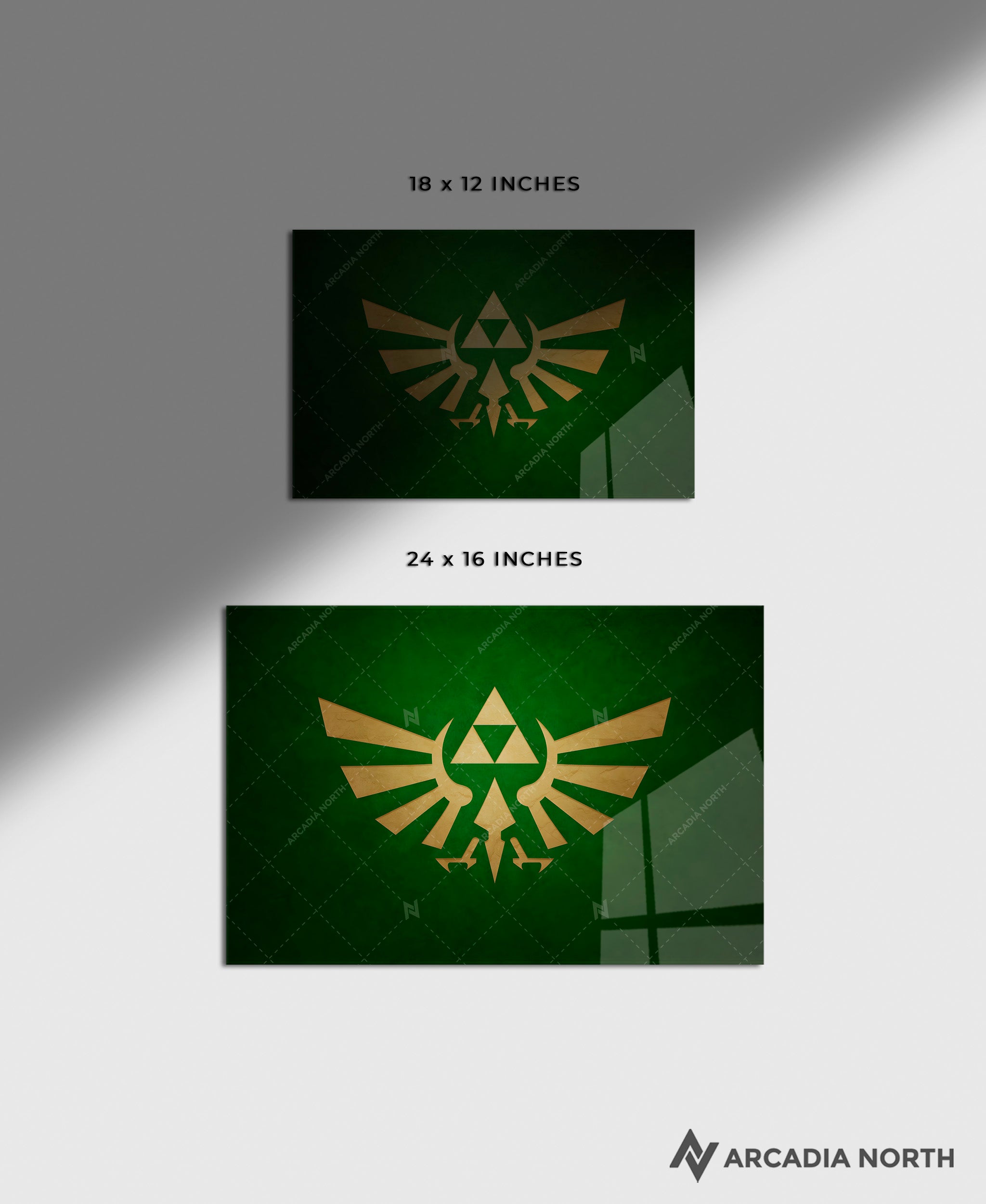 Nintendo The Legend of Zelda gaming acrylic poster by Arcadia North. Triforce Royal Crest Wingcrest on a green background. Backlight acrylic wall art.