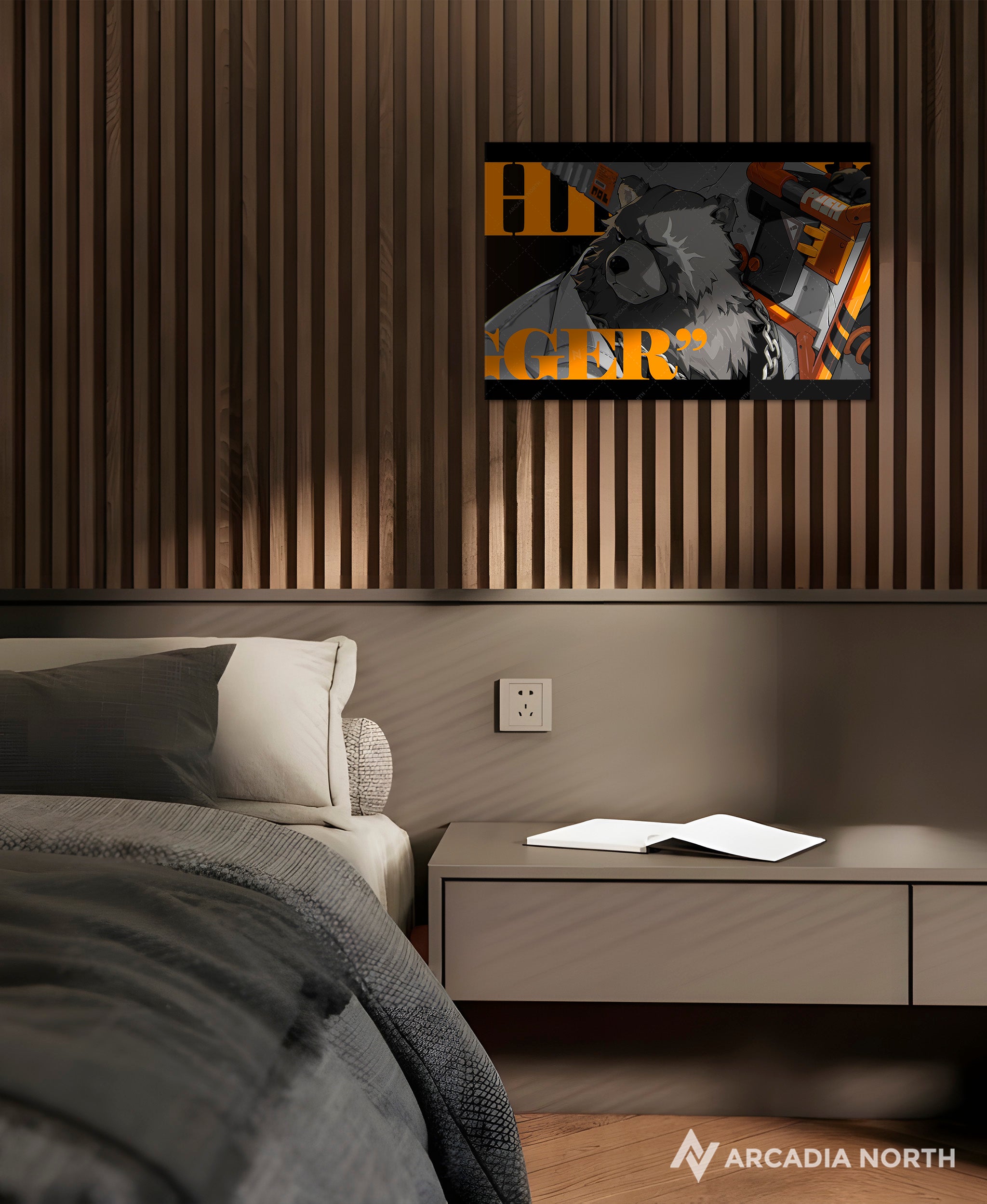 Hoyoverse Zenless Zone Zero ZZZ gaming acrylic poster by Arcadia North. Ben M3 Mindscape Cinema artwork. Acrylic wall art printed on acrylic.