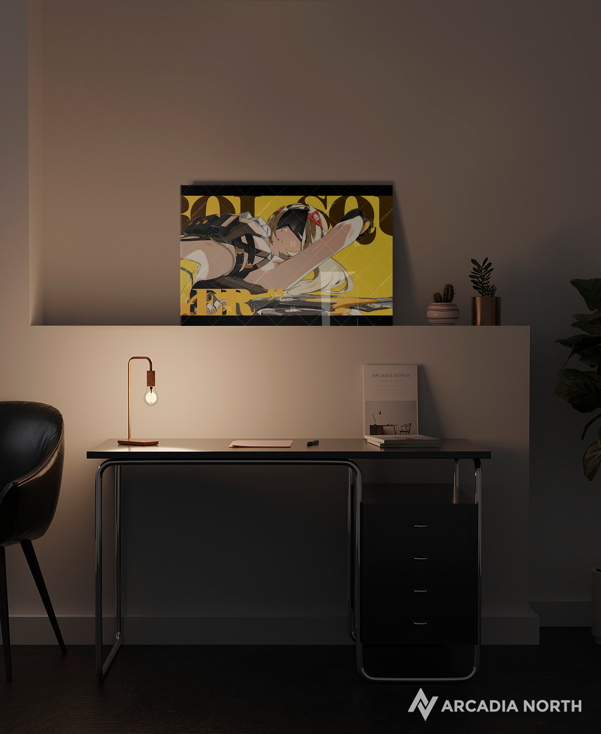 Hoyoverse Zenless Zone Zero ZZZ gaming acrylic poster by Arcadia North. Trigger M6 Mindscape Cinema artwork. Acrylic wall art printed on acrylic.
