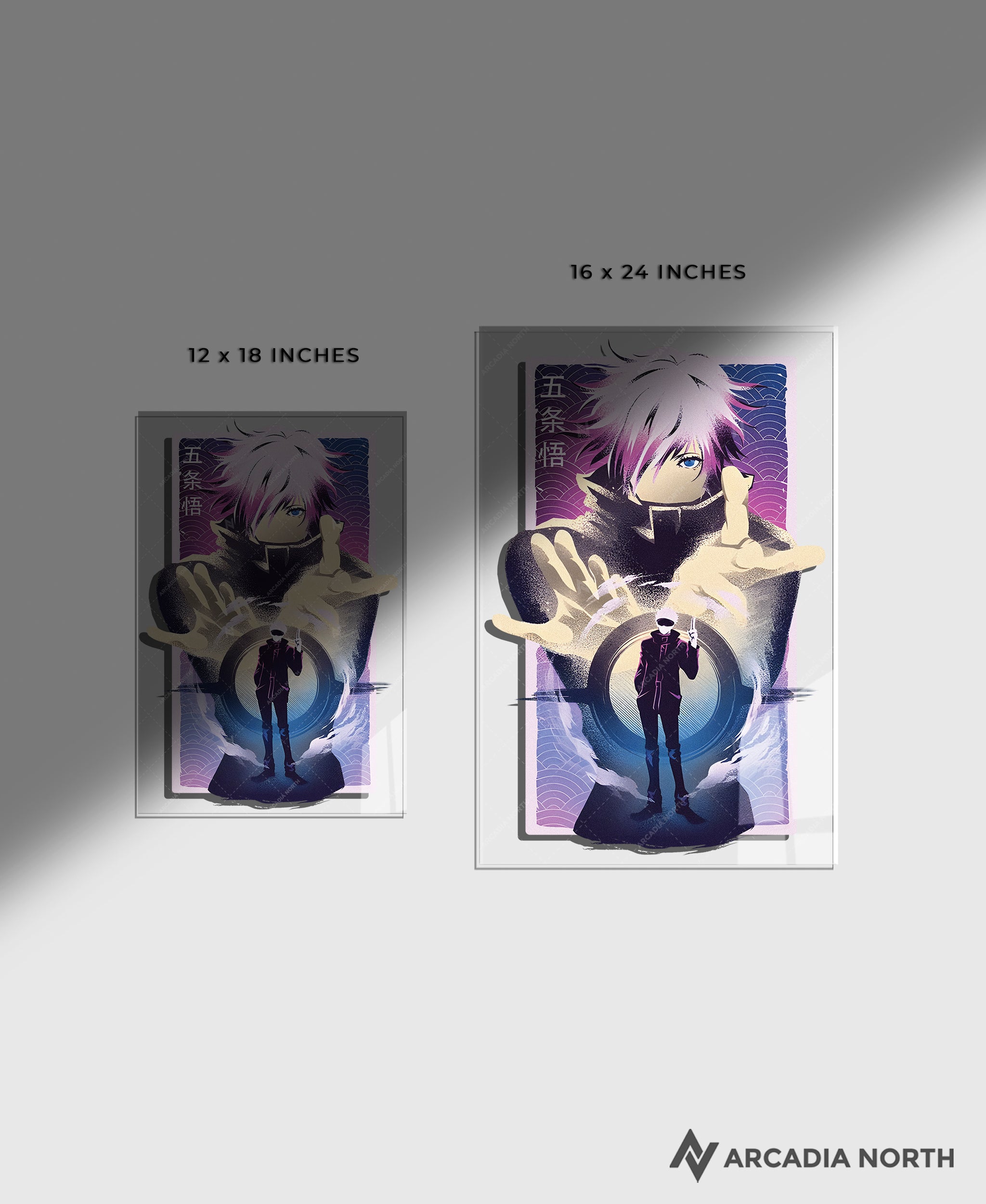 Jujutsu Kaisen anime acrylic poster by Arcadia North. Featuring Gojo Satoru Infinite Void. Transparent background. Layerable acrylic poster. Can be used as a foreground for a layerable background acrylic poster. Acrylic wall art printed on acrylic.