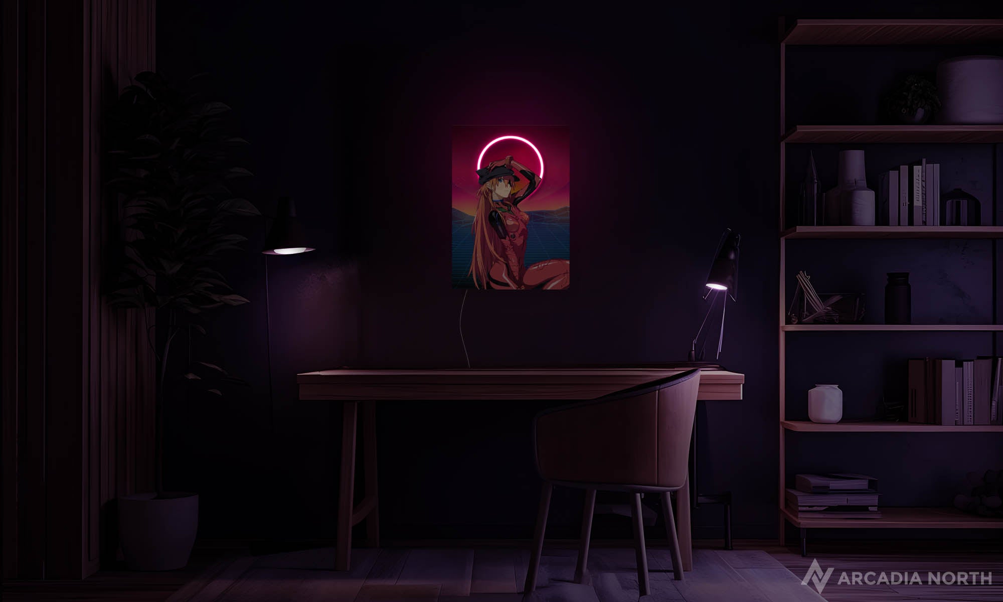 Arcadia North Original LED Poster featuring the anime Neon Genesis Evangelion with Asuka Langley Soryu in synthwave style. Illuminated by LED neon lights. UV-printed poster on acrylic.