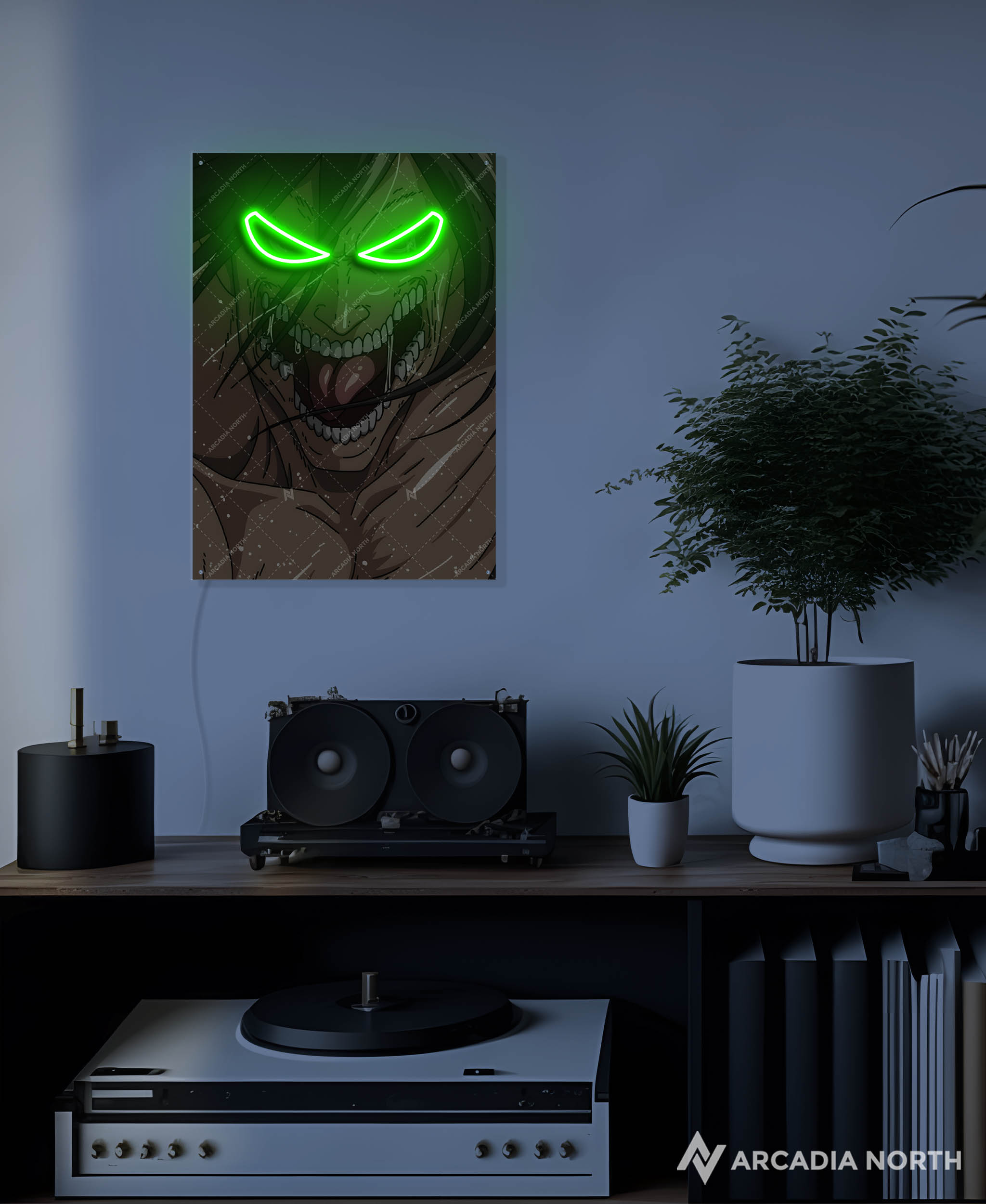 Arcadia North AURALIGHT - an LED Poster featuring the anime Attack on Titan with Eren as the Attack TItan with glowing green eyes. Illuminated by glowing neon LED lights. UV-printed on acrylic.