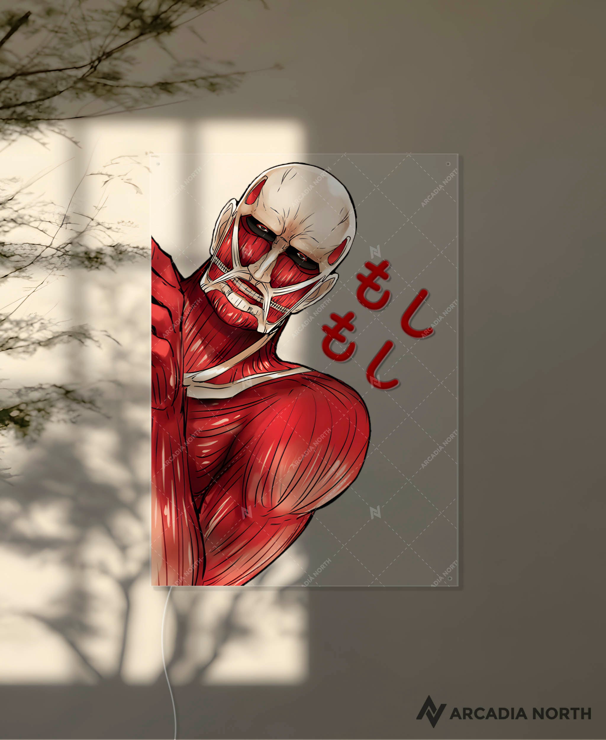 Arcadia North AURALIGHT - an LED Poster featuring the anime Attack on Titan with the moshi moshi titan desu meme written in Japanese Kana and illuminated by glowing neon LED lights. UV-printed on acrylic.