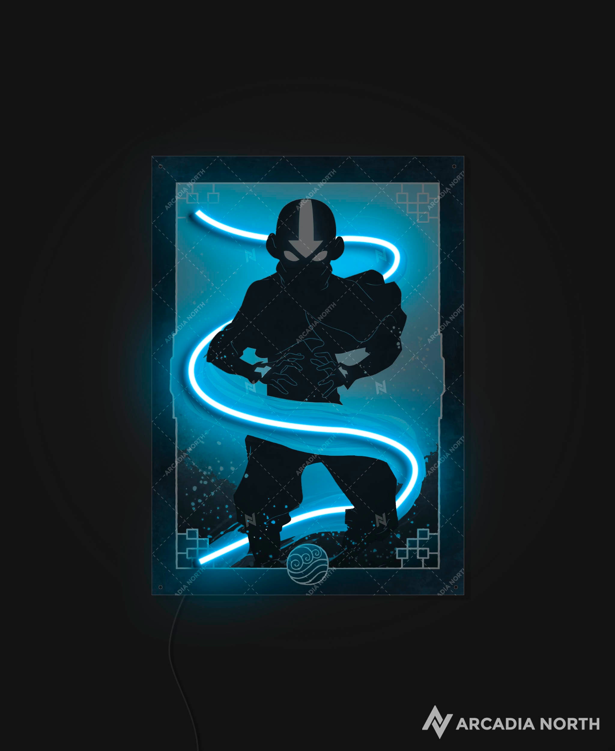 Arcadia North AURALIGHT - an LED Poster featuring the anime Avatar The Last Airbender with Aang airbending illuminated by glowing LED neon lights. UV-printed poster on acrylic.