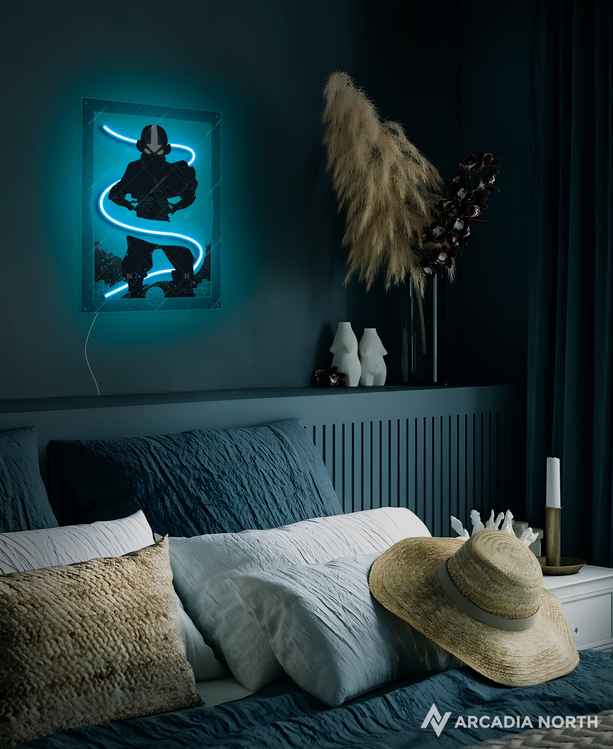 Arcadia North AURALIGHT - an LED Poster featuring the anime Avatar The Last Airbender with Aang airbending illuminated by glowing LED neon lights. UV-printed poster on acrylic.