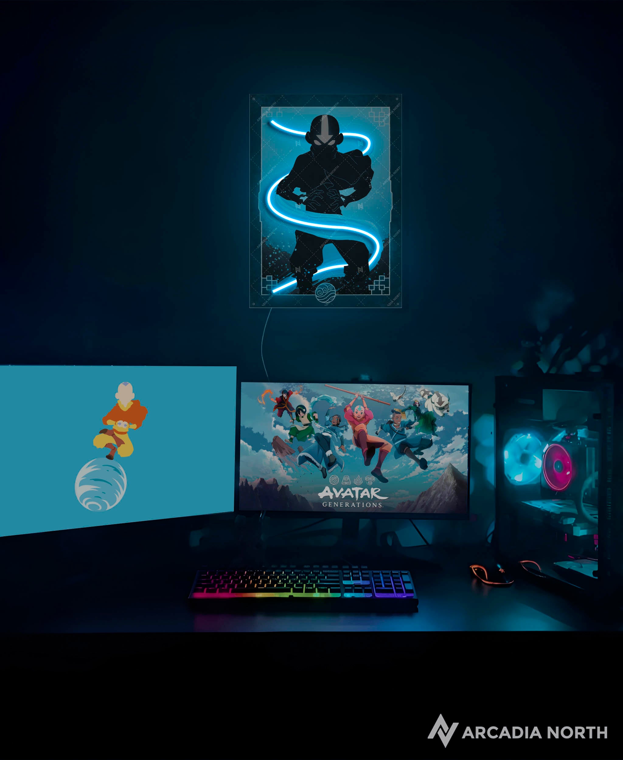 Arcadia North AURALIGHT - an LED Poster featuring the anime Avatar The Last Airbender with Aang airbending illuminated by glowing LED neon lights. UV-printed poster on acrylic.