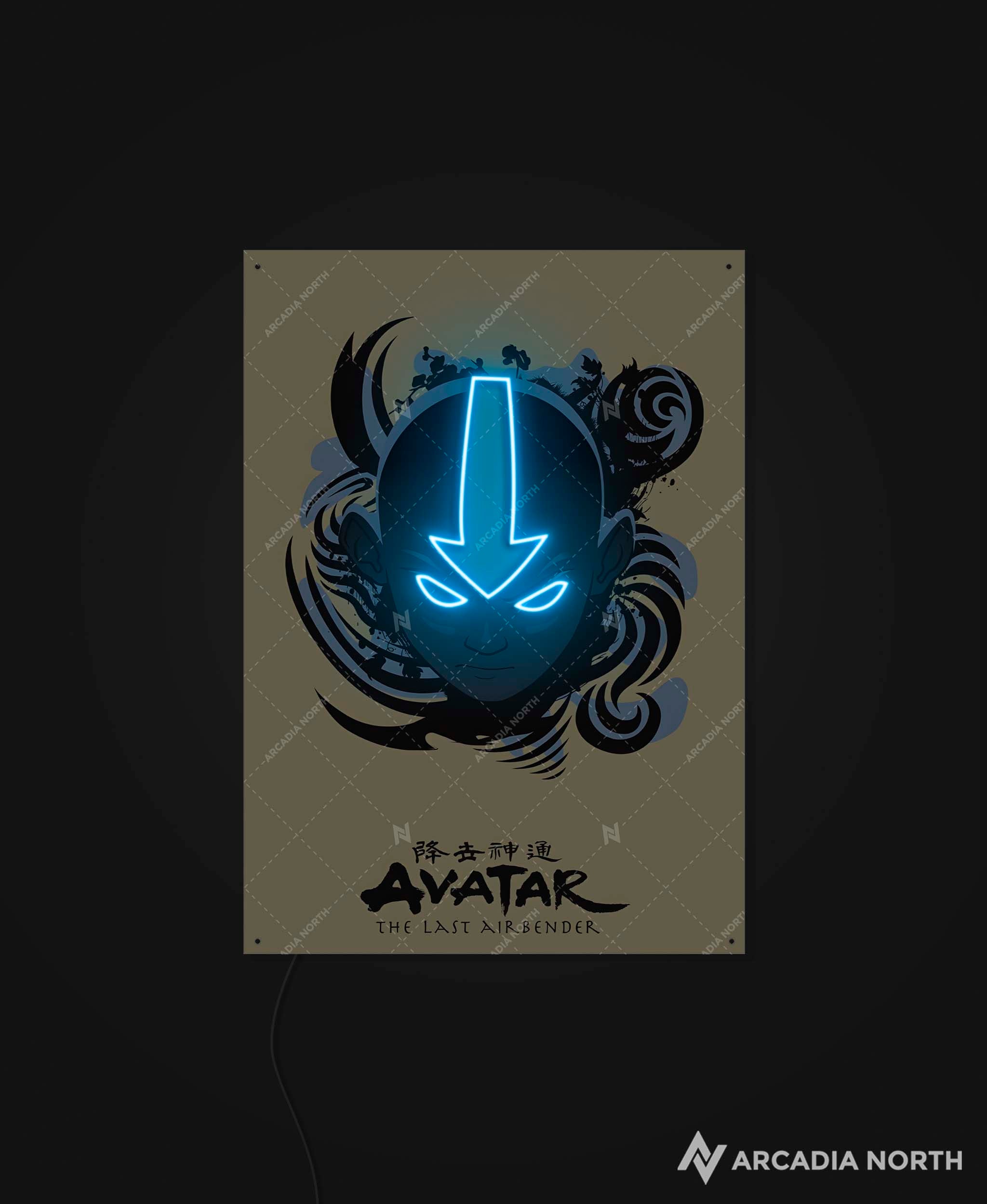 Arcadia North AURALIGHT - an LED Poster featuring the anime Avatar The Last Airbender with Aang and his arrow tattoo illuminated by glowing LED neon lights like the Avatar State. UV-printed poster on acrylic.