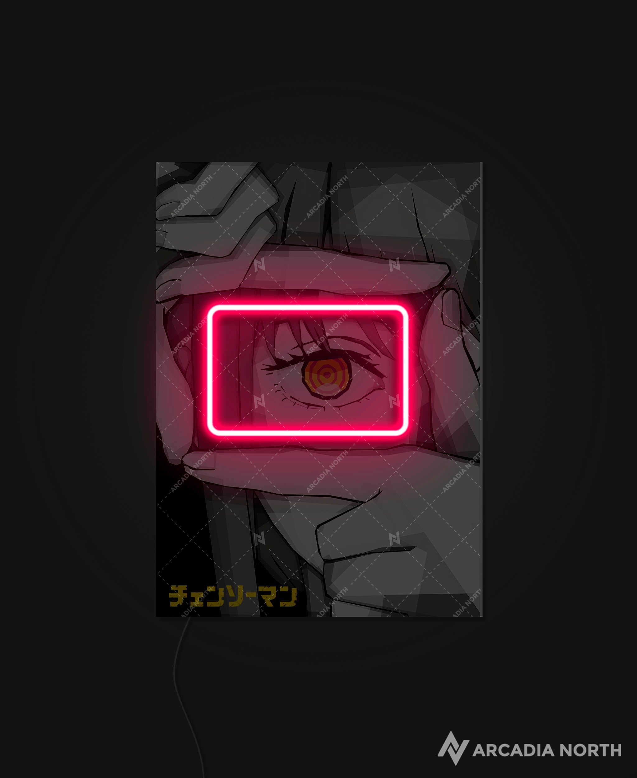 Arcadia North AURALIGHT - an LED Poster featuring the anime Chainsaw Man with Makima holding her hands up to her eye with a camera gesture with focus on her eye. Illuminated by glowing neon LED lights. UV-printed on acrylic.