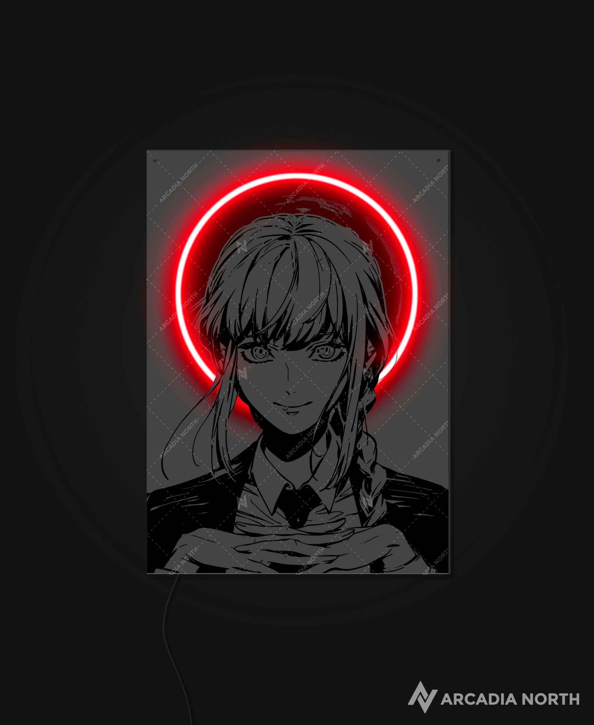 Arcadia North AURALIGHT - an LED Poster featuring the anime Chainsaw Man with Makima in front of a moon Illuminated by glowing neon LED lights. UV-printed on acrylic.