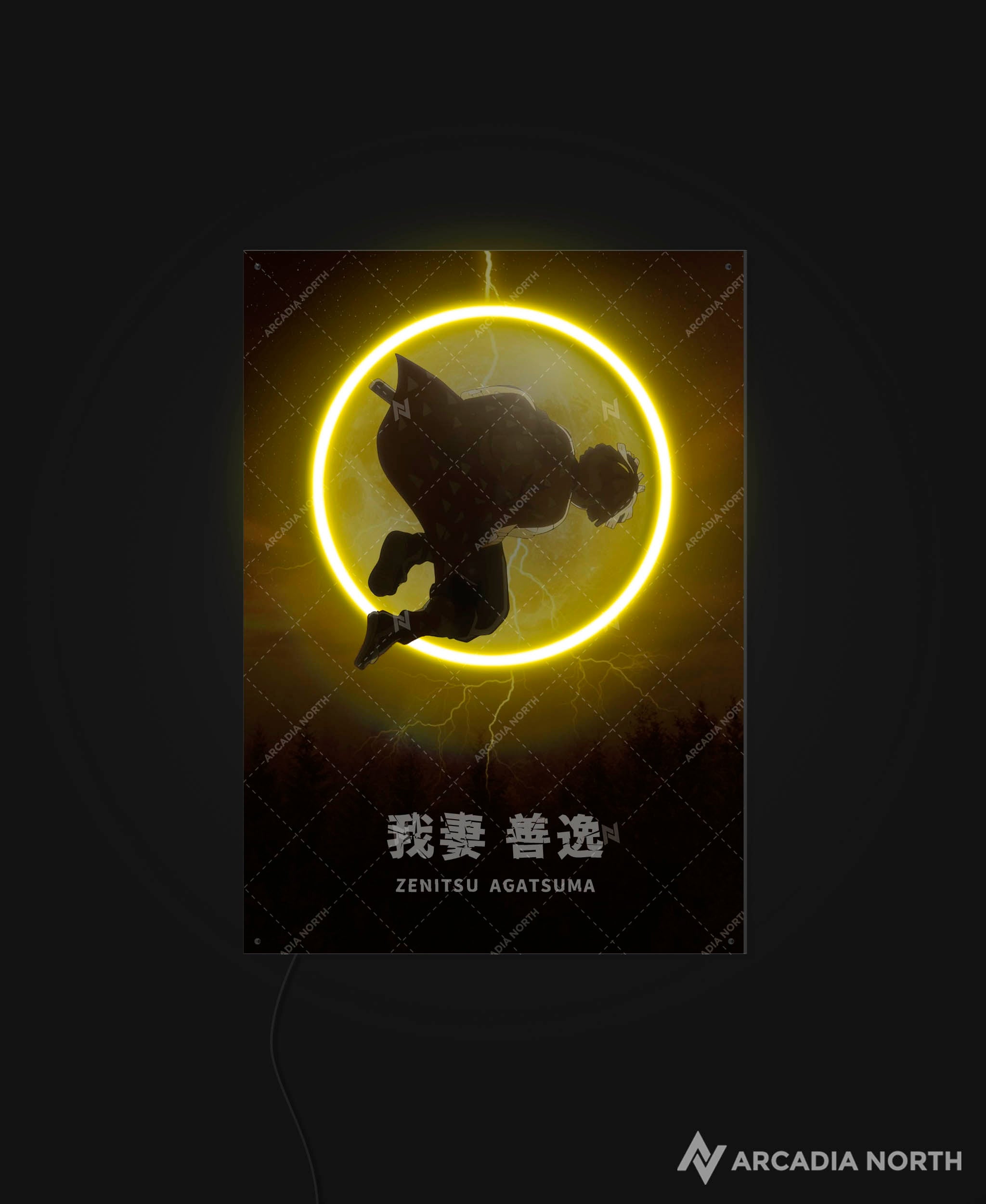 Arcadia North AURALIGHT - an LED Poster featuring the anime Demon Slayer with Zenitsu Agatsuma in front of a moon Illuminated by glowing neon LED lights. UV-printed on acrylic.