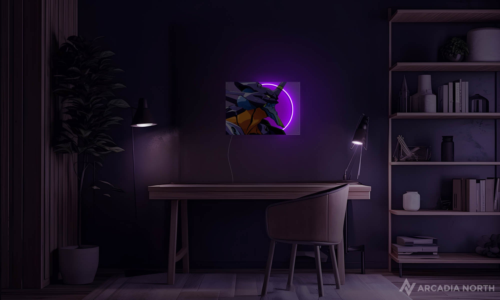 Arcadia North Original LED Poster featuring the anime Neon Genesis Evangelion with Eva-01 illuminated by purple LED neon lights. UV-printed poster on acrylic.