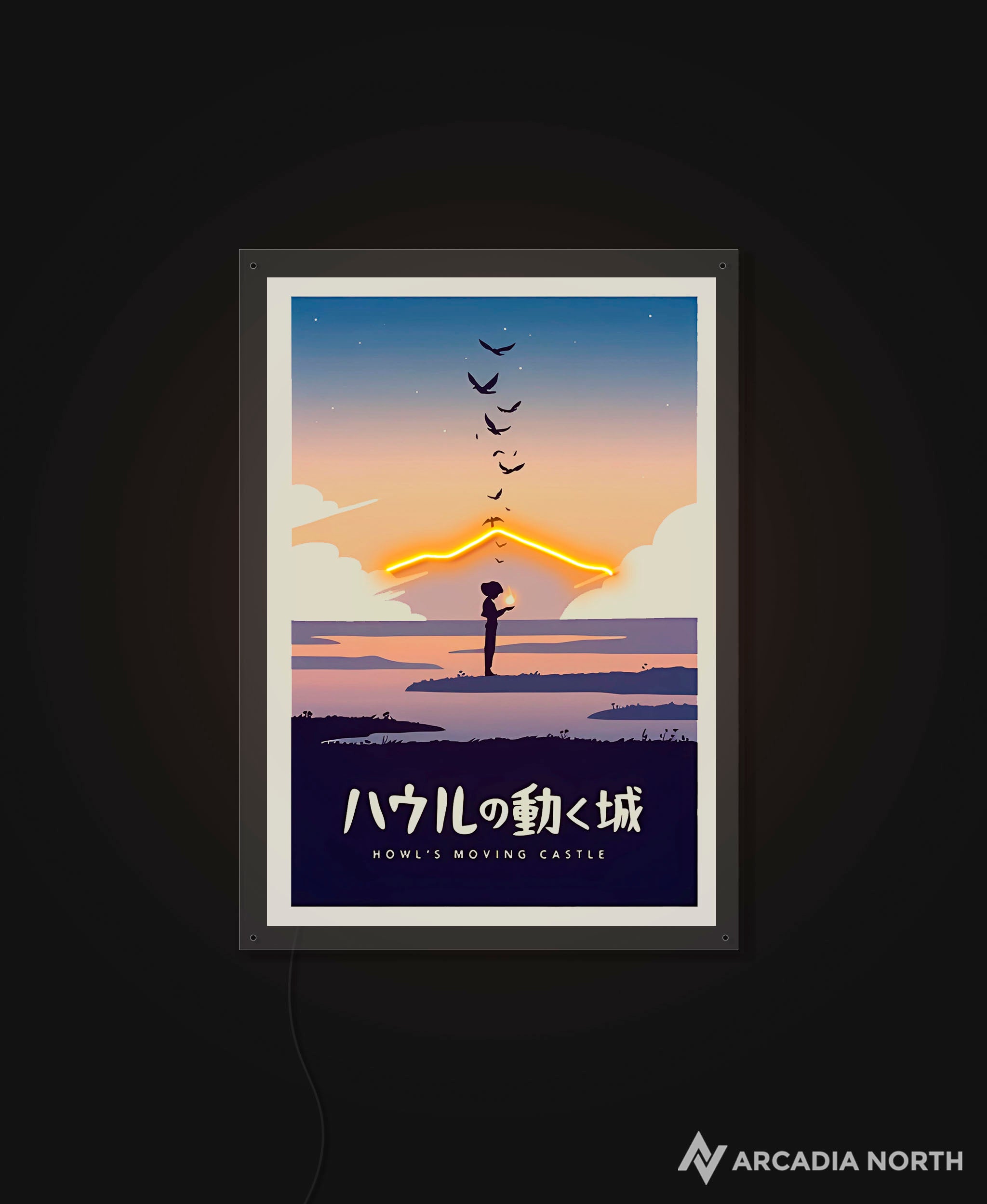Arcadia North AURALIGHT Original LED Poster featuring the Studio Ghibli anime Howl's Moving Castle in minimalistic style illuminated by LED neon lights. UV-printed poster on acrylic.