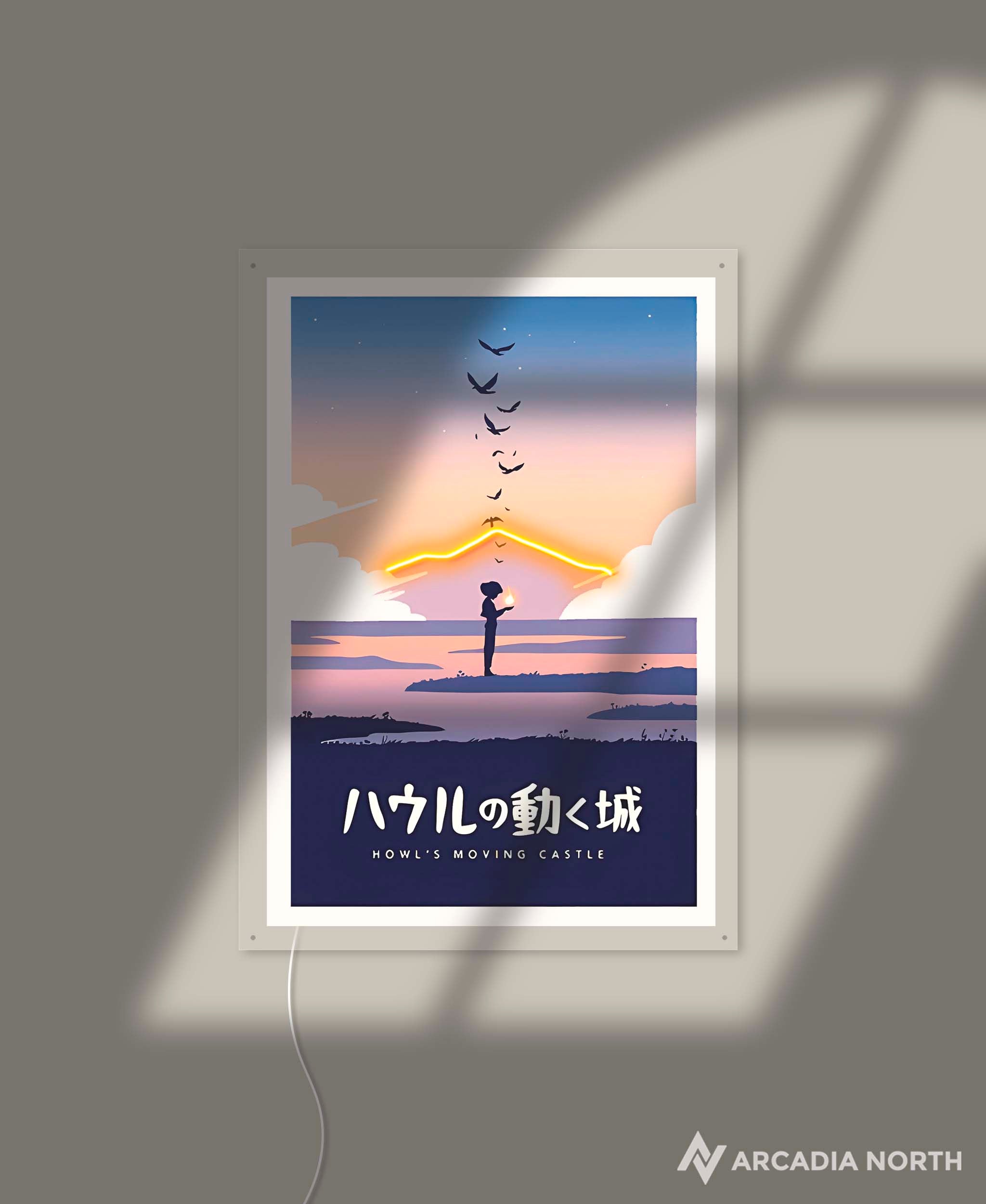 Arcadia North AURALIGHT Original LED Poster featuring the Studio Ghibli anime Howl's Moving Castle in minimalistic style illuminated by LED neon lights. UV-printed poster on acrylic.