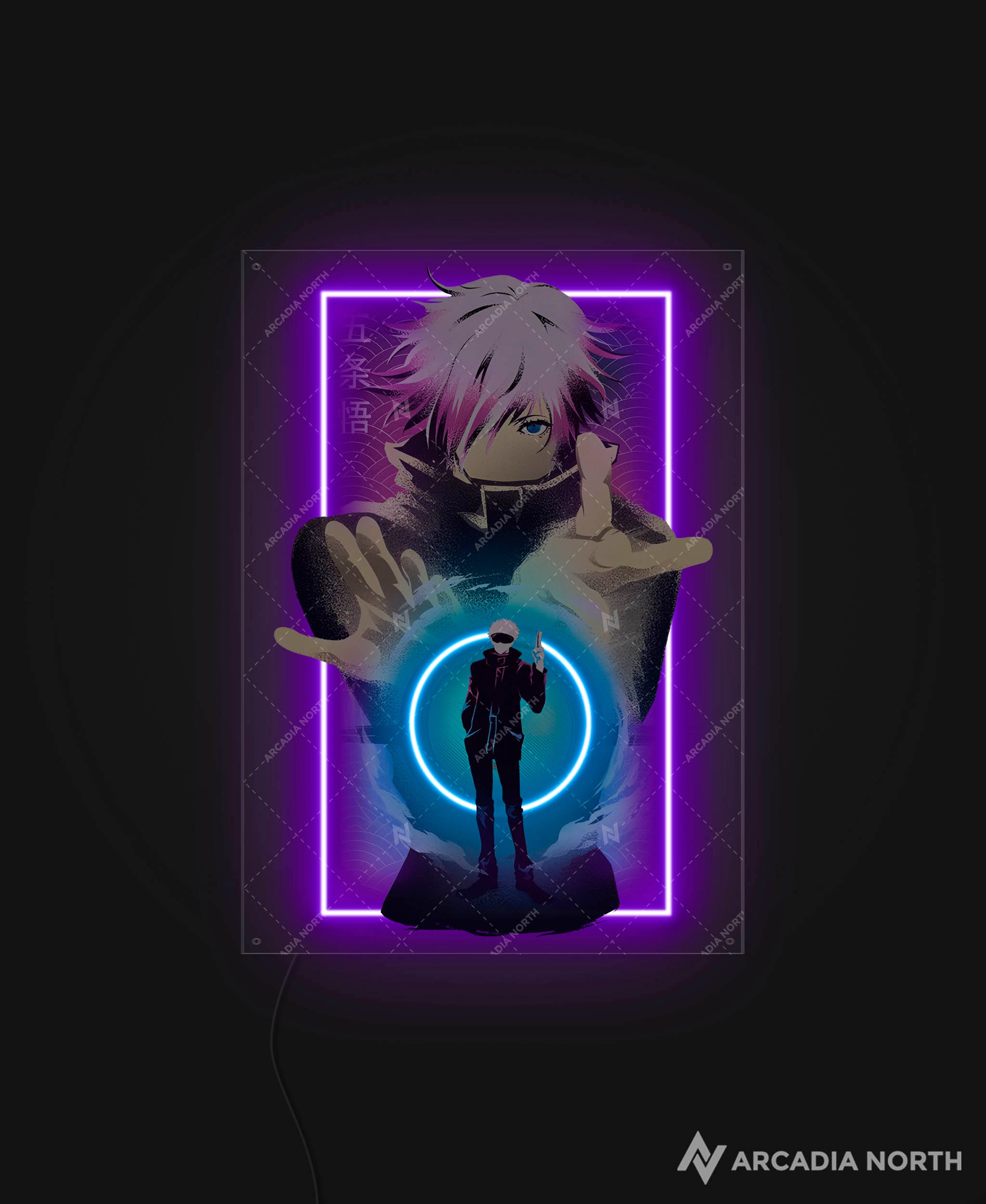 Arcadia North AURALIGHT - an LED Poster featuring the anime Jujutsu Kaisen with Gojo Satoru infinite void art illuminated by LED neon lights. UV-printed poster on acrylic.