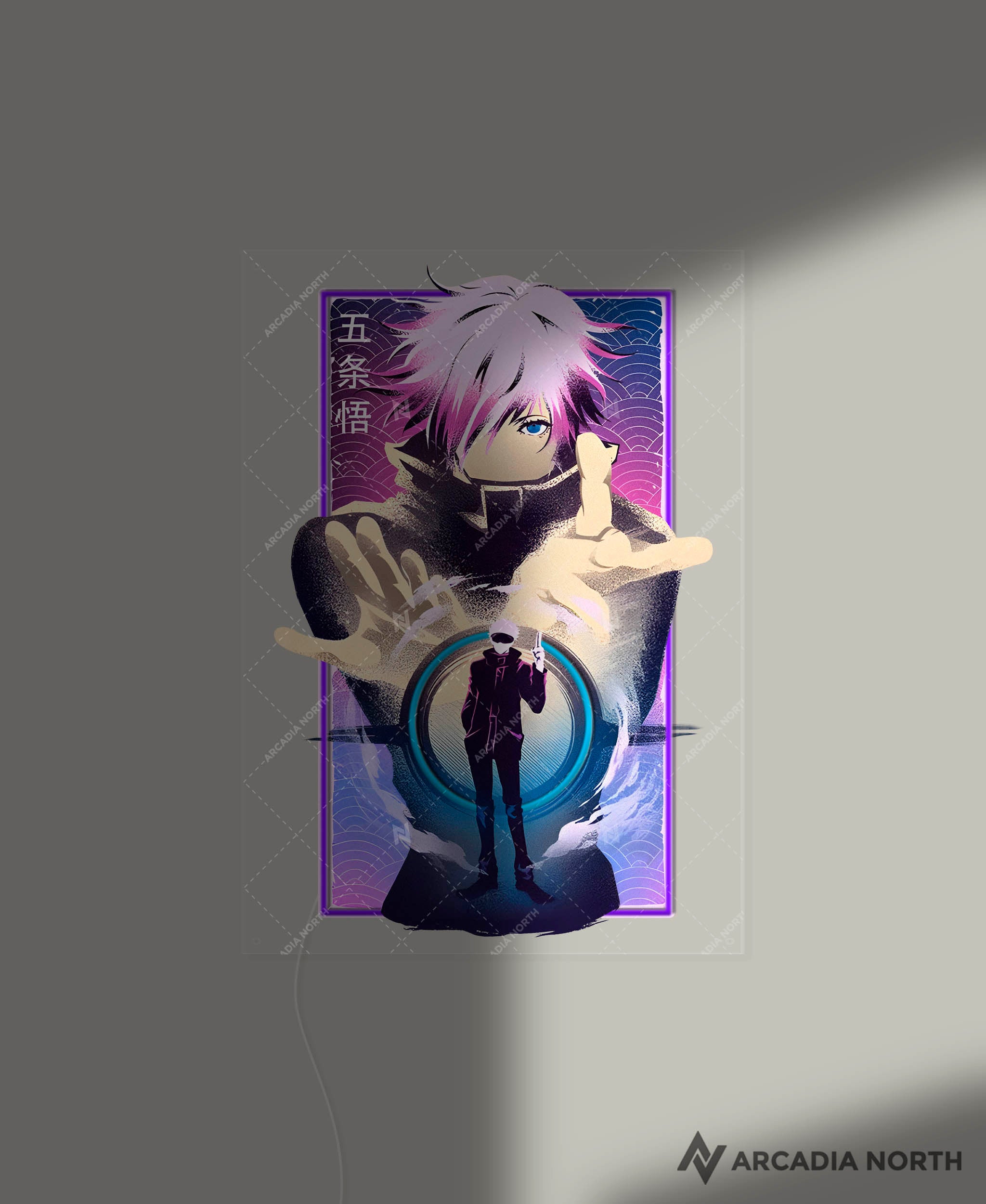 Arcadia North AURALIGHT - an LED Poster featuring the anime Jujutsu Kaisen with Gojo Satoru infinite void art illuminated by LED neon lights. UV-printed poster on acrylic.