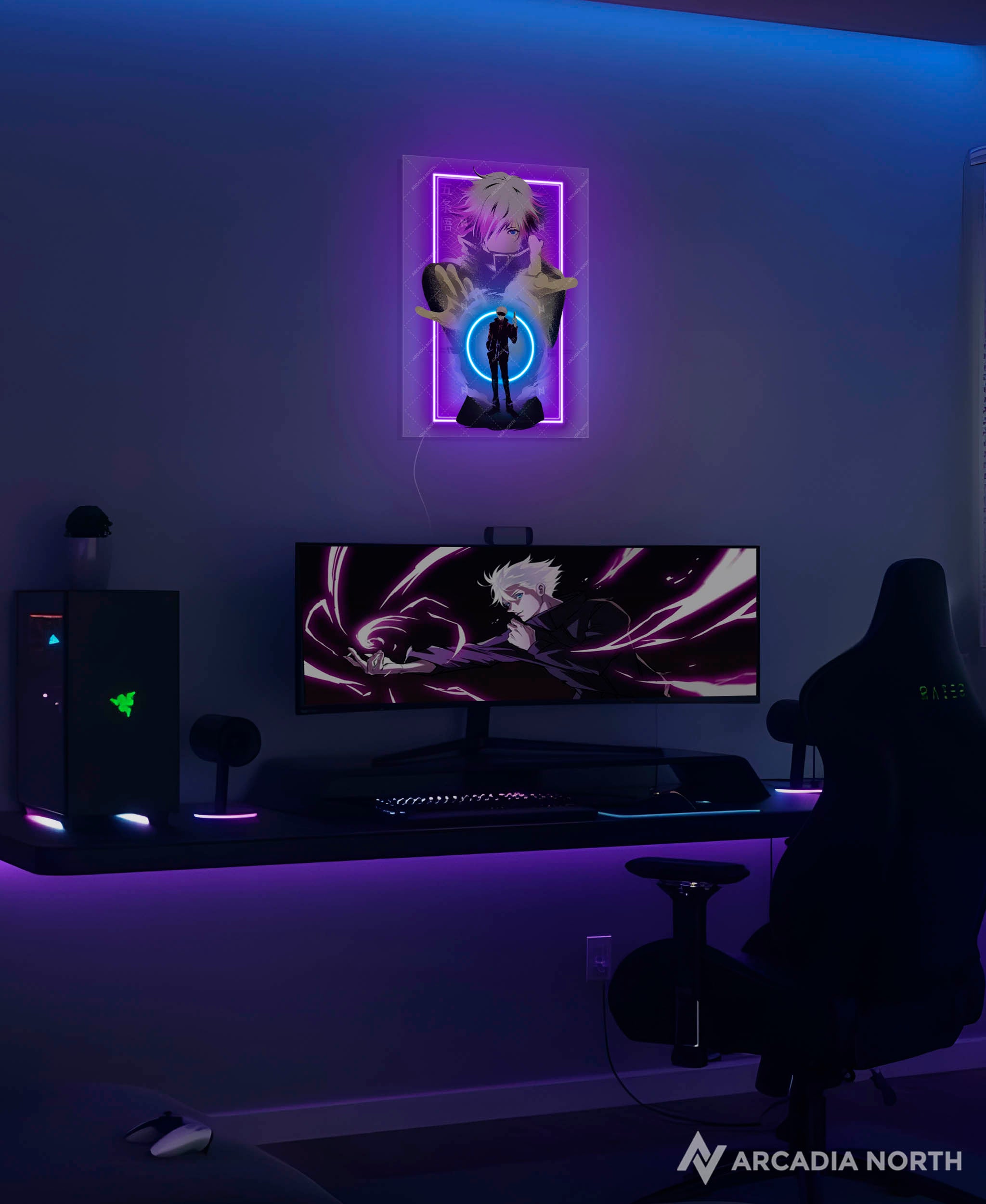 Arcadia North AURALIGHT - an LED Poster featuring the anime Jujutsu Kaisen with Gojo Satoru infinite void art illuminated by LED neon lights. UV-printed poster on acrylic.