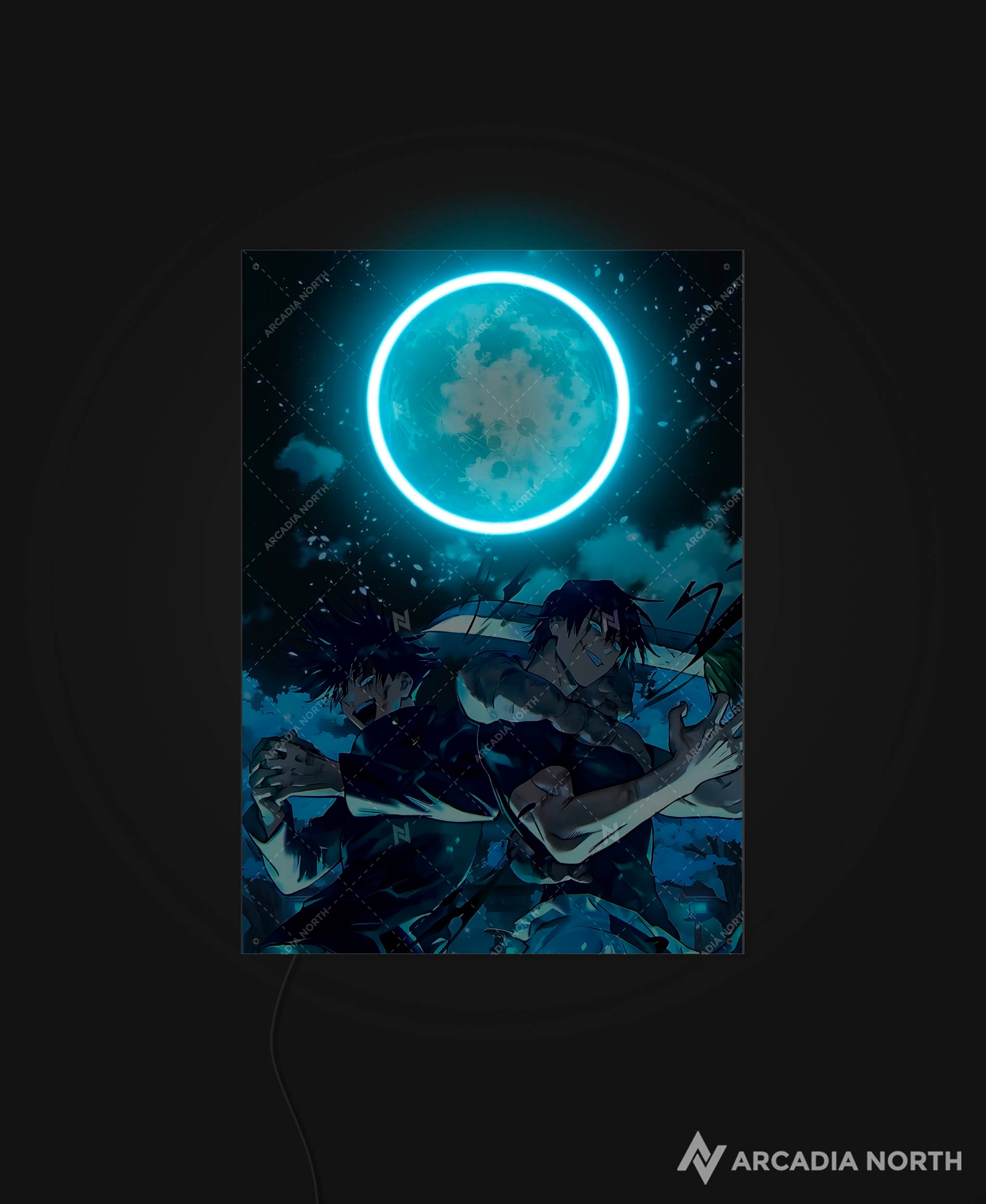 Arcadia North AURALIGHT - an LED Poster featuring the anime Jujutsu Kaisen with Toji Fushiguro and Megumi Fushiguro illuminated by LED neon lights. UV-printed poster on acrylic.