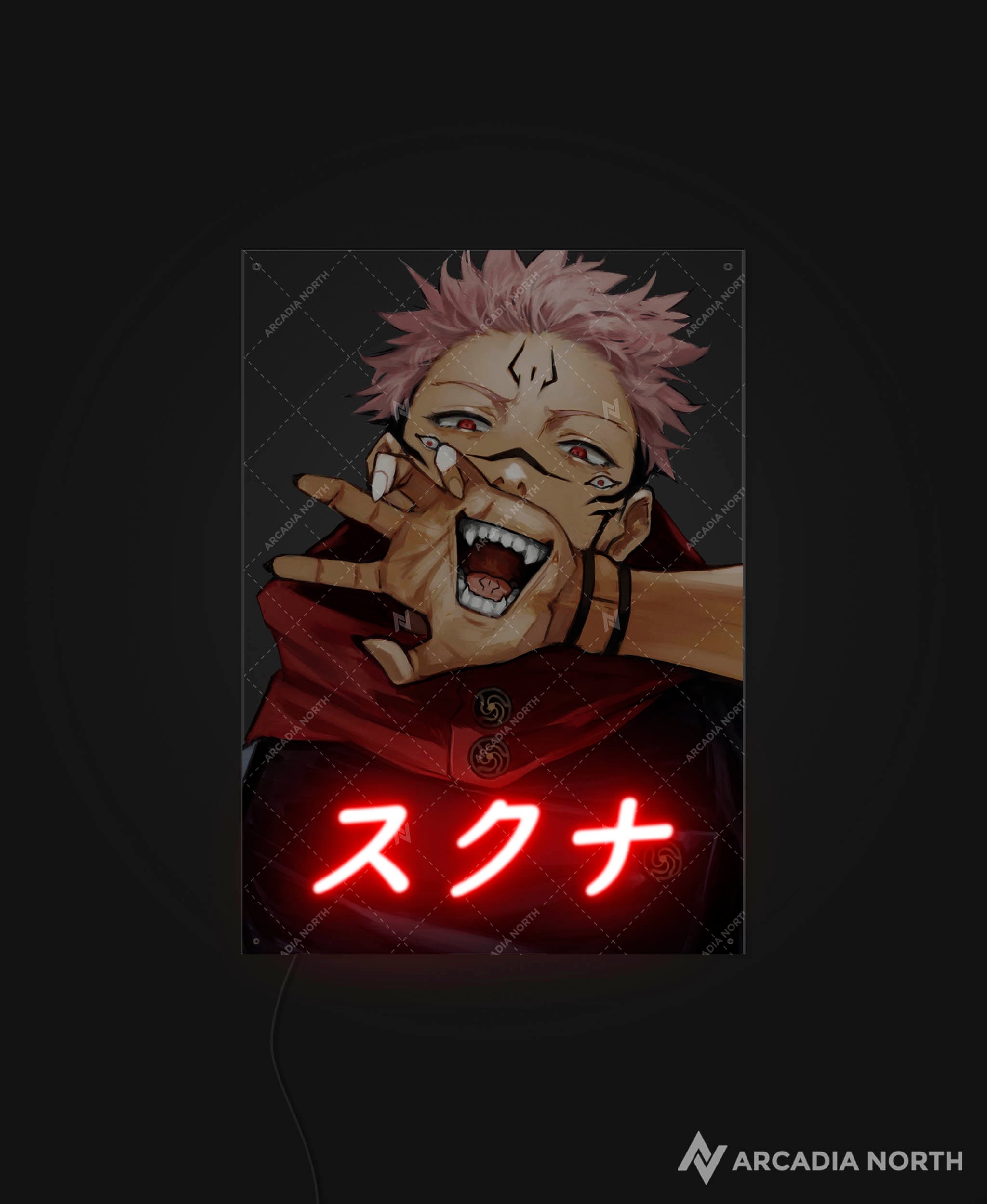 Arcadia North AURALIGHT - an LED Poster featuring the anime Jujutsu Kaisen with Sukuna art and Sukuna written in Japanese Katakana illuminated by LED neon lights. UV-printed poster on acrylic.
