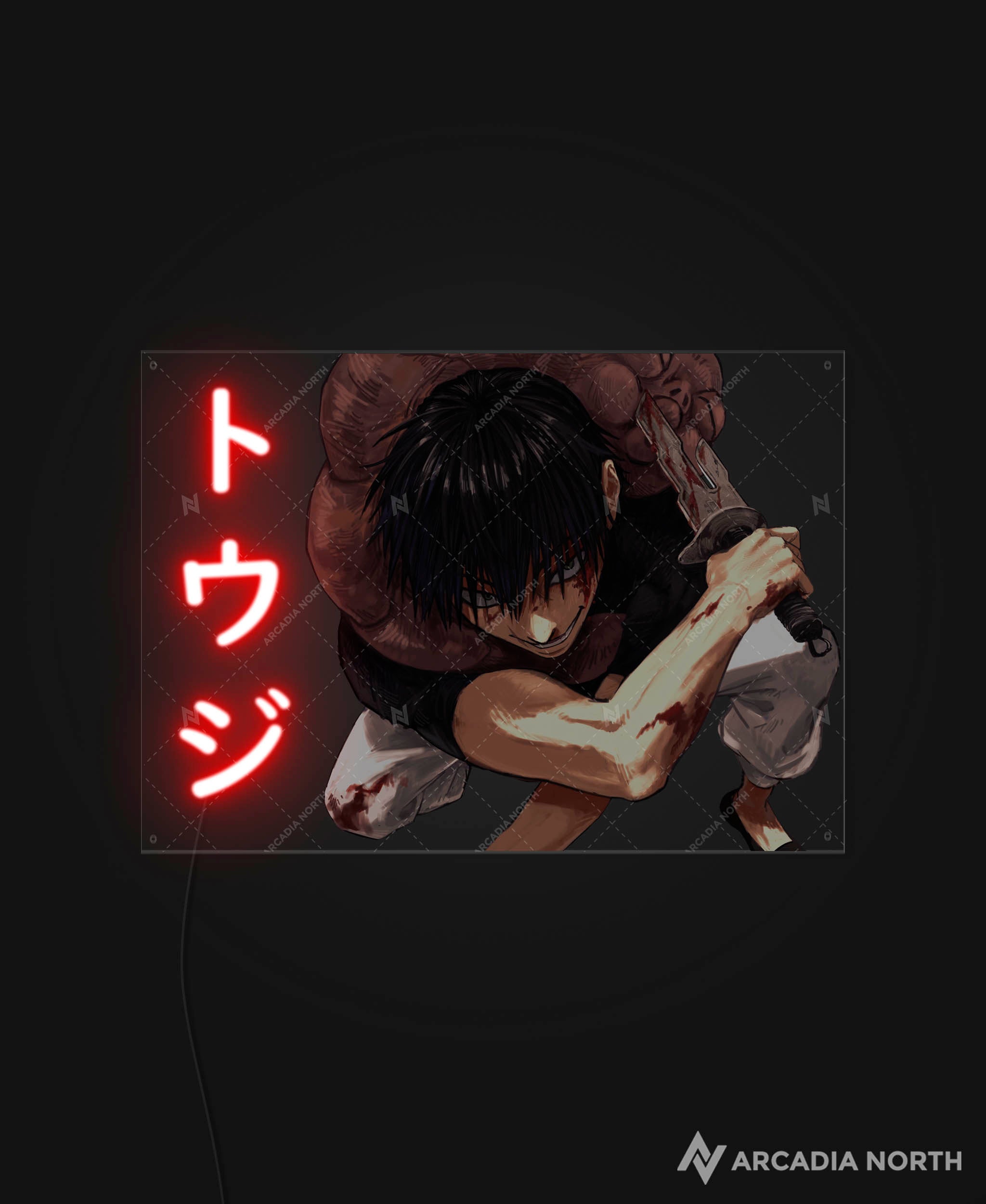 Arcadia North AURALIGHT - an LED Poster featuring the anime Jujutsu Kaisen with Toji Fushiguro art and “Toji” written in Japanese Katakana illuminated by LED neon lights. UV-printed poster on acrylic.