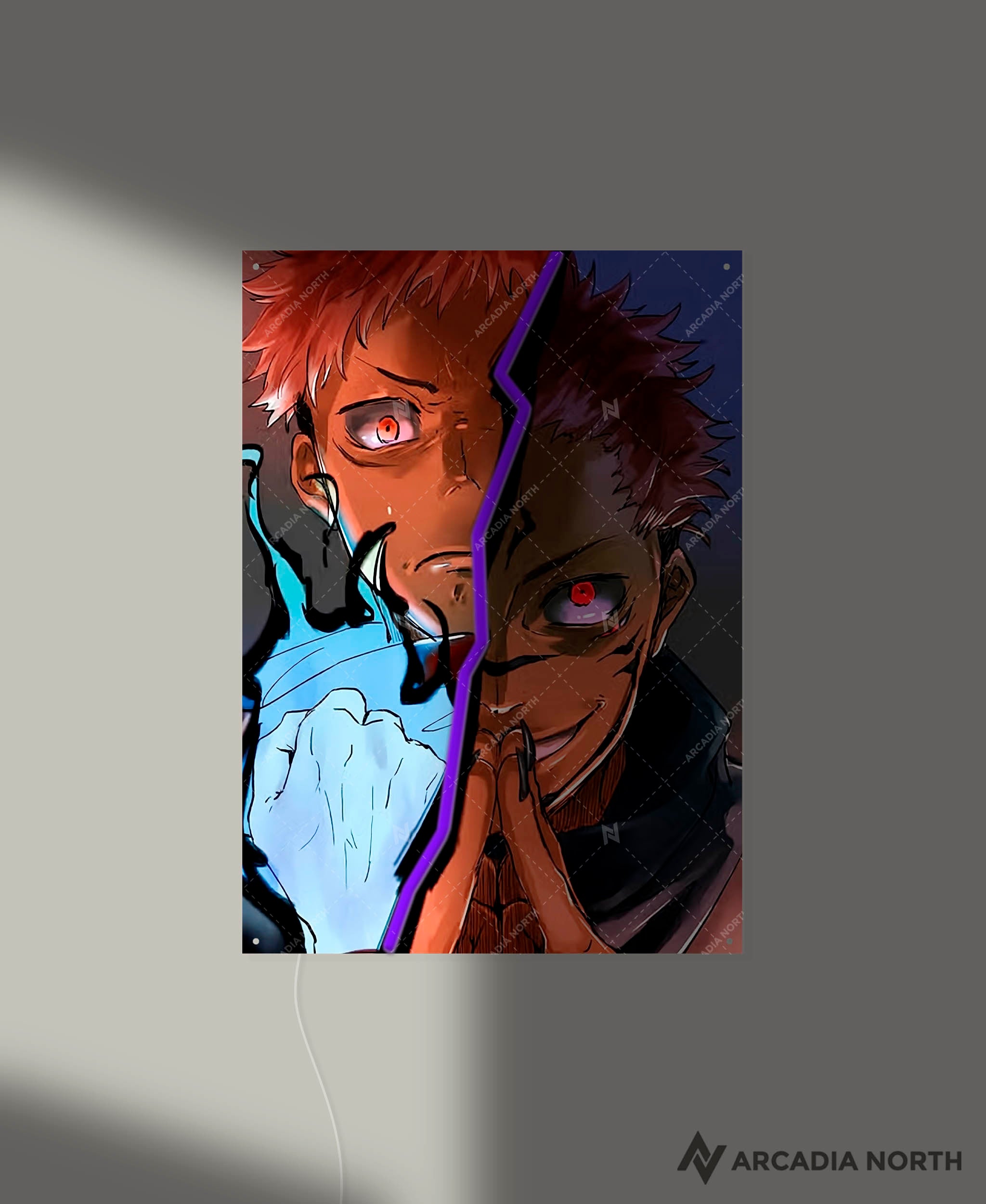 Arcadia North AURALIGHT - an LED Poster featuring the anime Jujutsu Kaisen with Yuji Itadori and Ryomen Sukuna. The split between the two characters is illuminated by LED neon lights. UV-printed poster on acrylic.