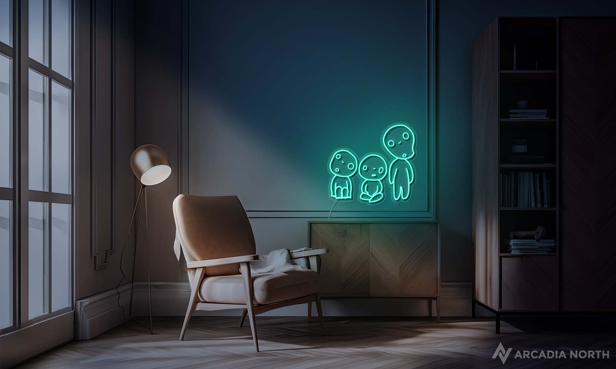 Modern room with a green Studio Ghibli Princess Mononoke Kodama neon sign glowing on the wall