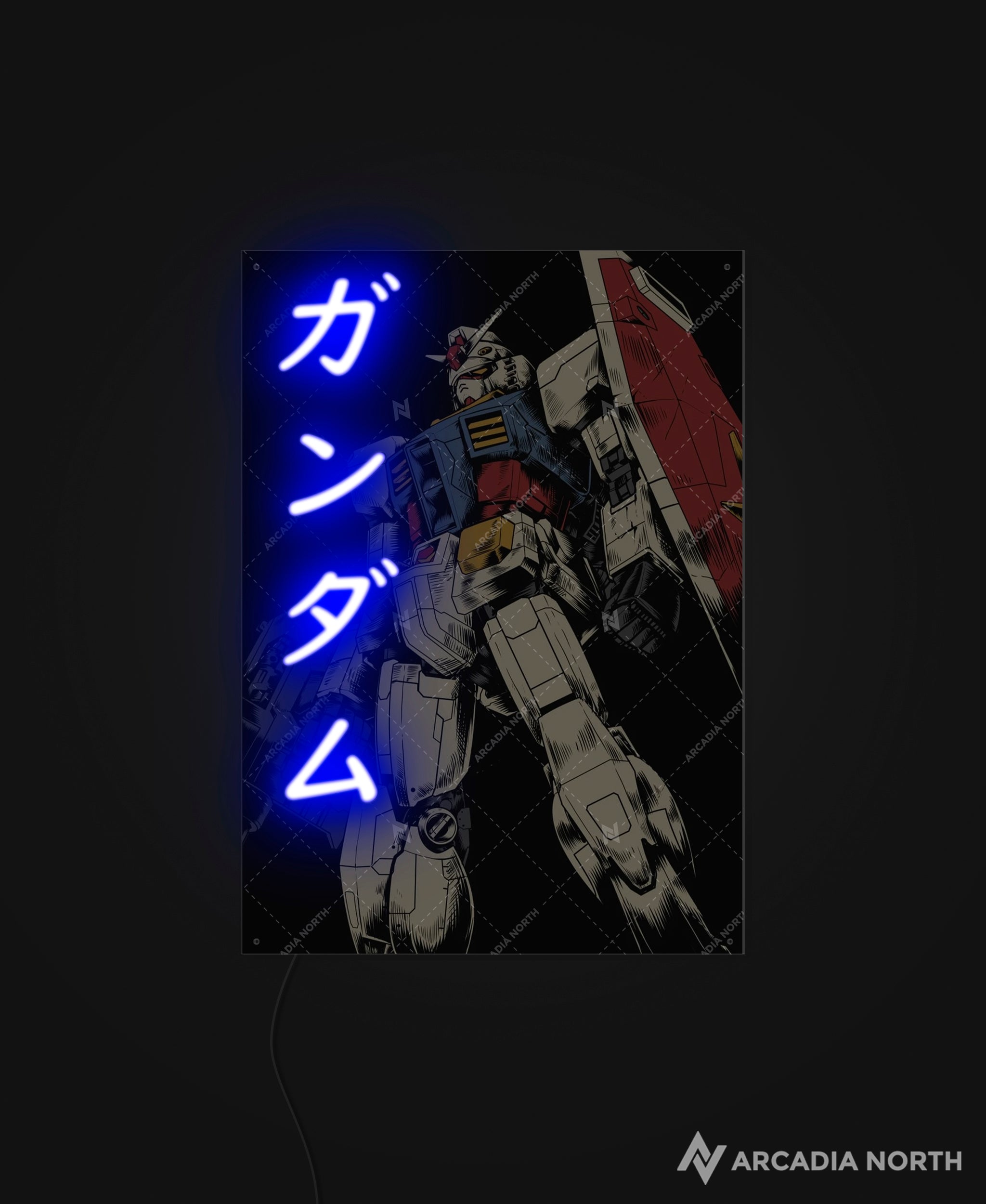 Arcadia North AURALIGHT - an acrylic LED Poster featuring the anime Mobile Suit Gundam with the RX-78-2 Gundam. Gundam is written in Japanese Katakana and illuminated by glowing neon LED lights. UV-printed on acrylic.