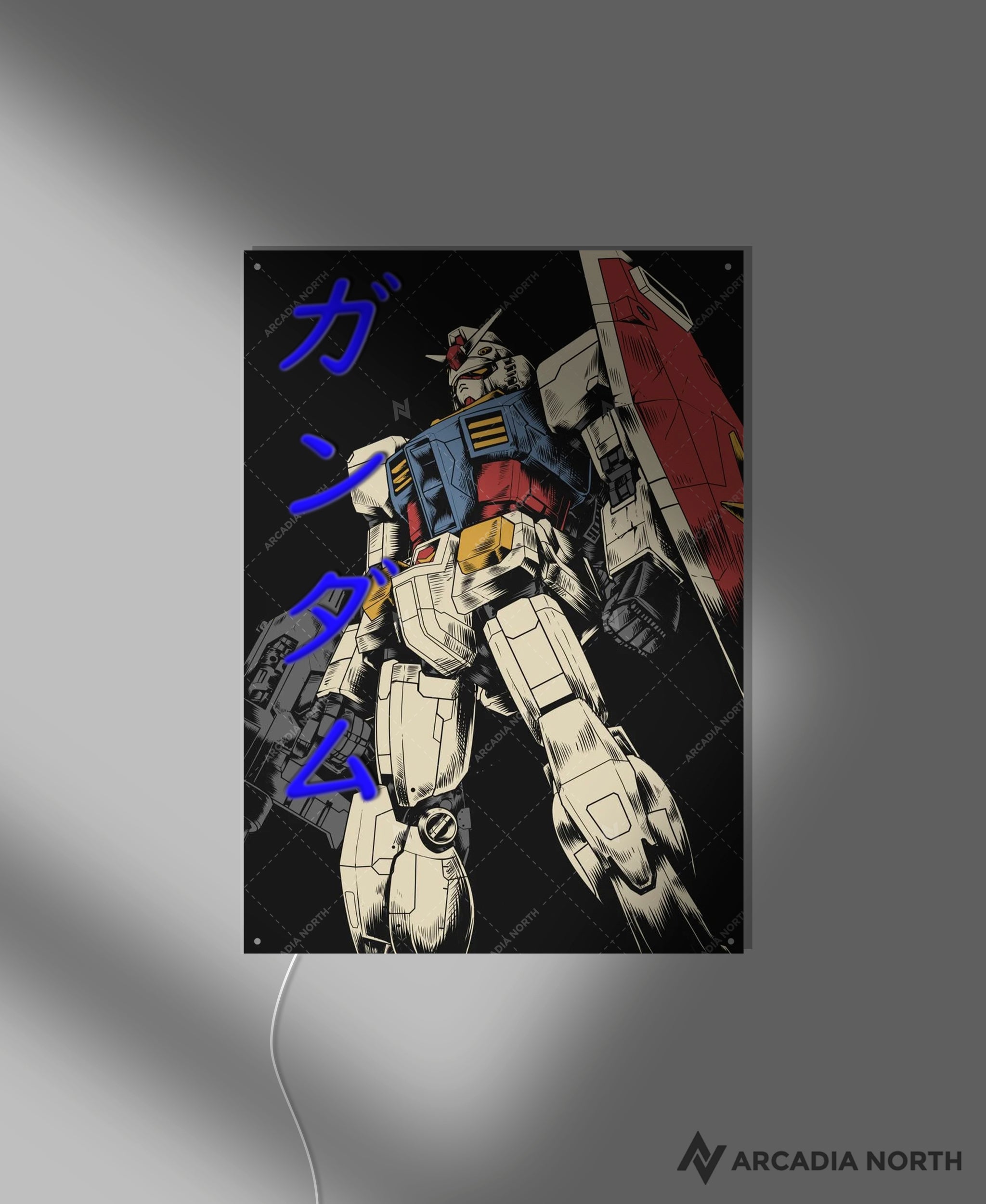 Arcadia North AURALIGHT - an acrylic LED Poster featuring the anime Mobile Suit Gundam with the RX-78-2 Gundam. Gundam is written in Japanese Katakana and illuminated by glowing neon LED lights. UV-printed on acrylic.