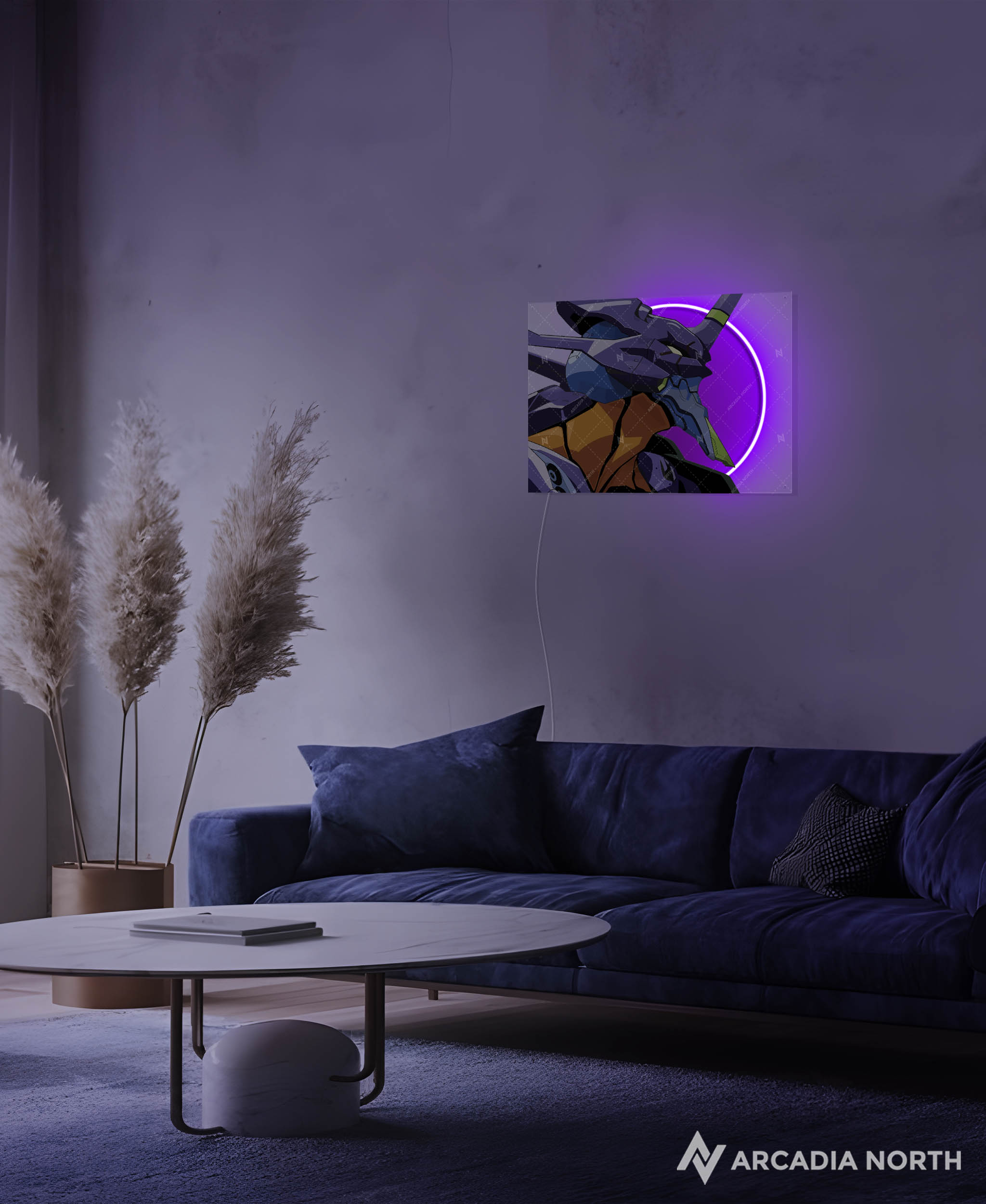 Arcadia North AURALIGHT - an LED Poster featuring the anime Neon Genesis Evangelion with Evangelion Unit-01 or Eva-01 illuminated by glowing neon LED lights. UV-printed on acrylic.