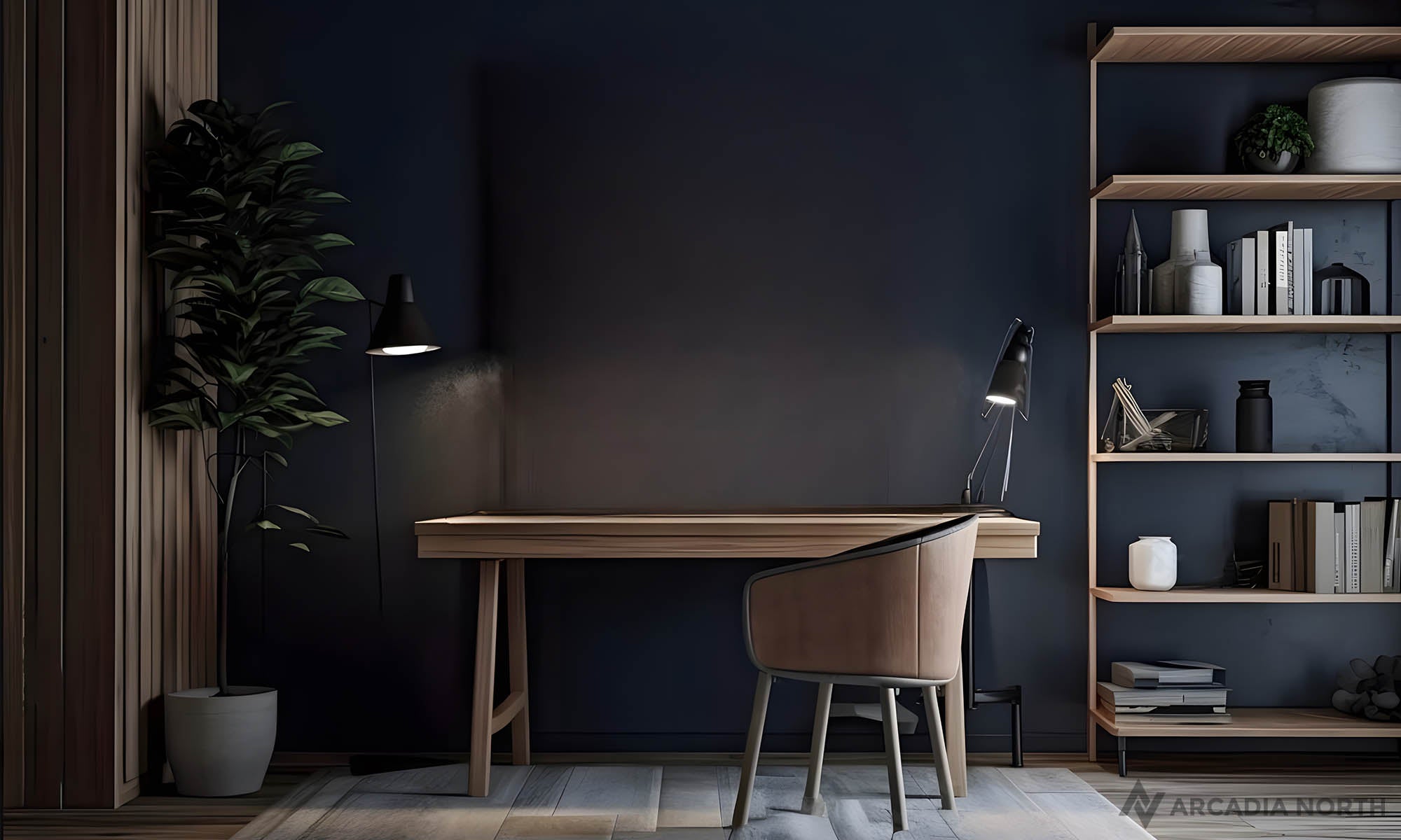 Modern Japanese style room with a desk and bookshelf and empty wall