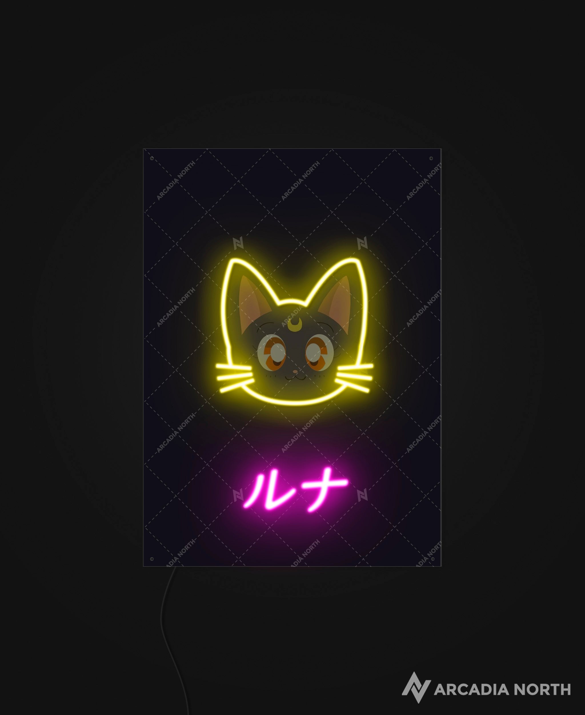 Arcadia North AURALIGHT - an acrylic LED Poster featuring the anime Sailor Moon with Luna. Luna is written in Japanese Katakana and illuminated by glowing neon LED lights. UV-printed on acrylic.