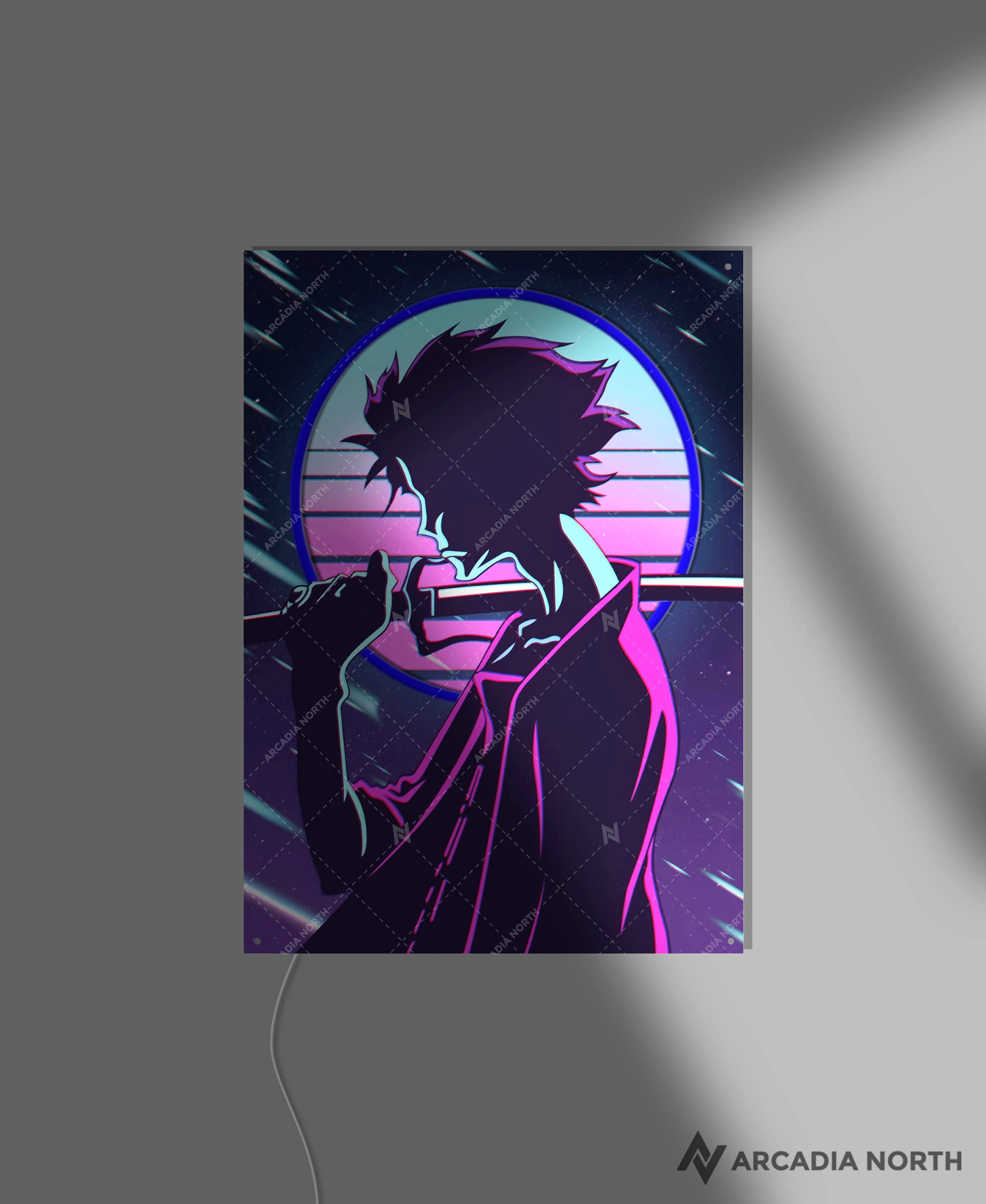 Arcadia North AURALIGHT - an LED Poster featuring the anime Samurai Champloo with Mugen in synthwave style. Illuminated by glowing neon LED lights. UV-printed on acrylic.