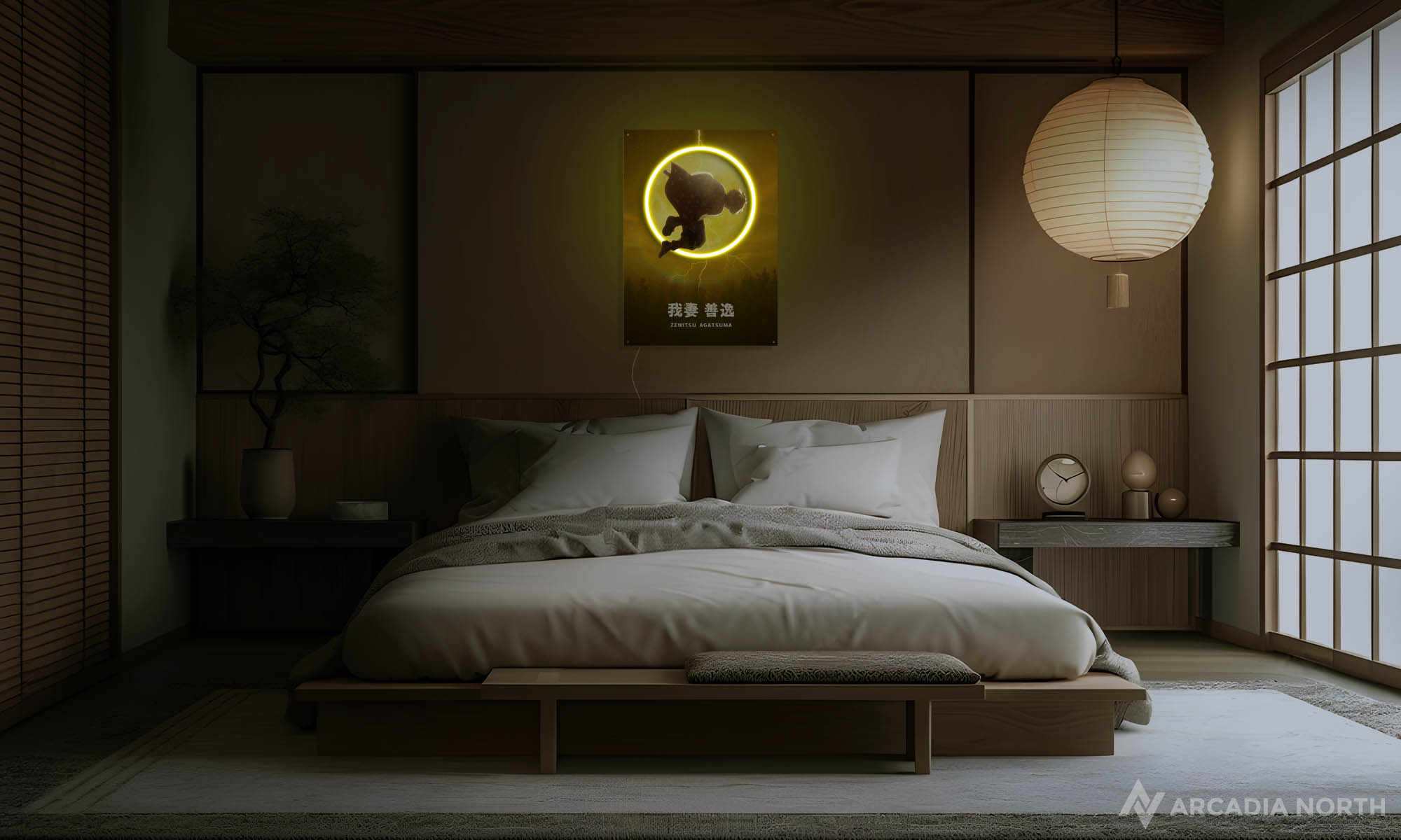 Modern Japanese bedroom with a Demon Slayer/Kimetsu no Yaiba anime poster on the wall depicting Zenitsu Agatsuma in front of a moon glowing with neon light - UV printed on acrylic - an Arcadia North Original LED Poster