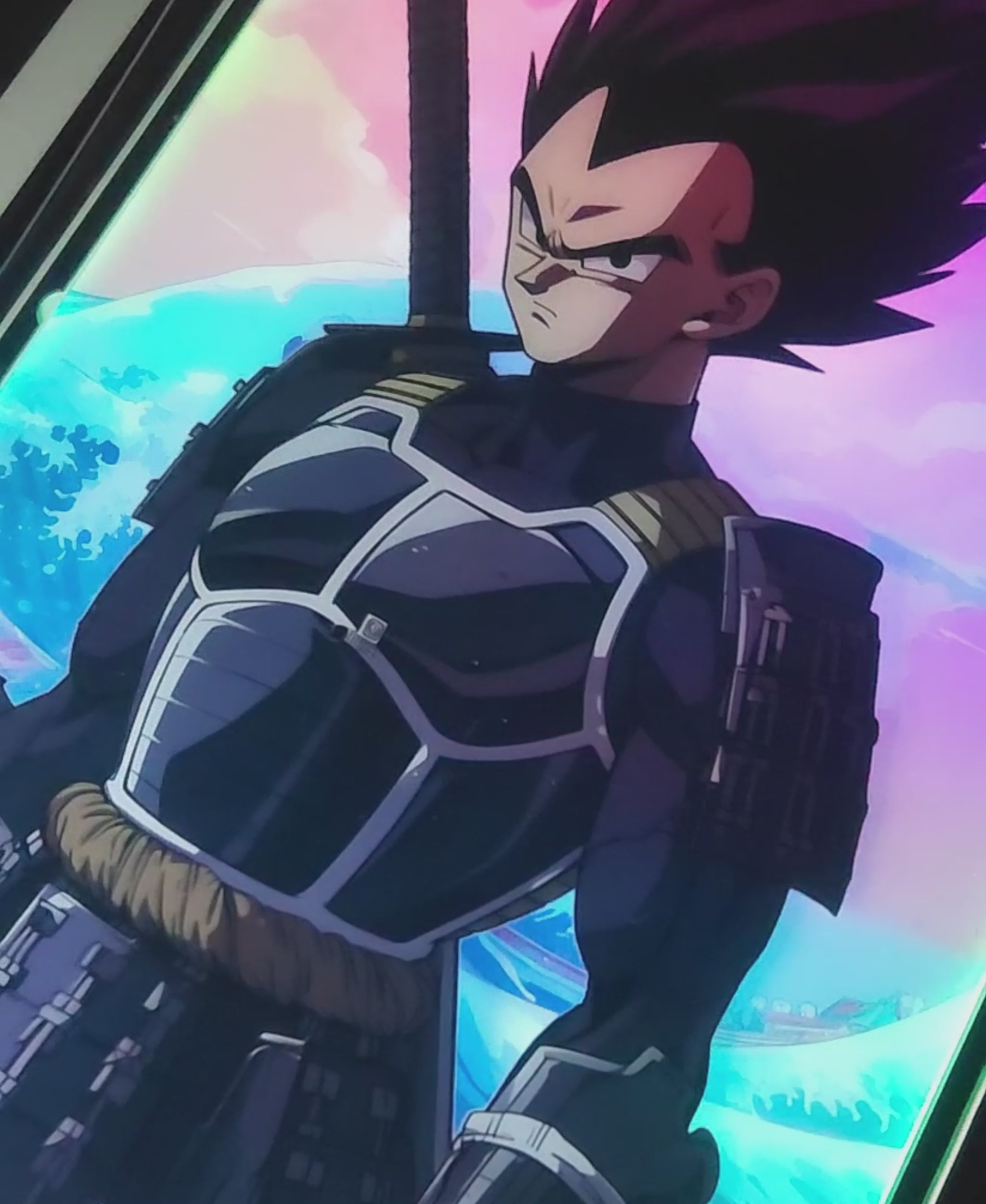 Video of RGB backlit frame "CHROMAFRAME" adding backlighting to layerable acrylic posters by Arcadia North. Samurai Vegeta acrylic poster. Ambient lighting for gaming setup.