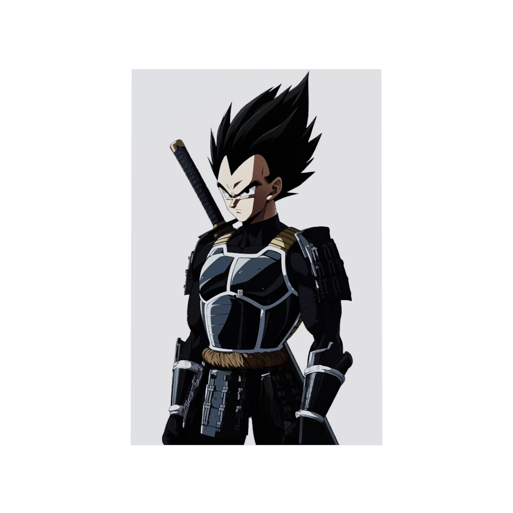 Dragon Ball anime acrylic poster 3D model by Arcadia North. Featuring Vegeta as a samurai on a white background. Acrylic wall art printed on acrylic.