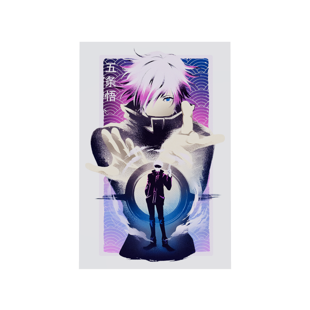 Jujutsu Kaisen anime acrylic poster 3D model by Arcadia North. Featuring Gojo Satoru Infinite Void. White background. Acrylic wall art printed on acrylic.