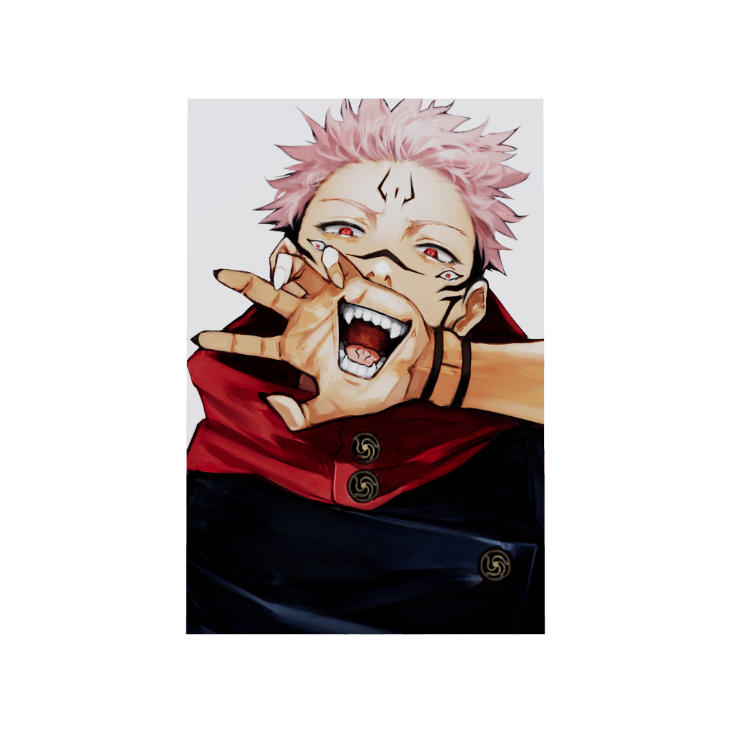 Jujutsu Kaisen anime acrylic poster 3D model by Arcadia North. Featuring a close-up of Sukuna on a white background. Acrylic wall art printed on acrylic.